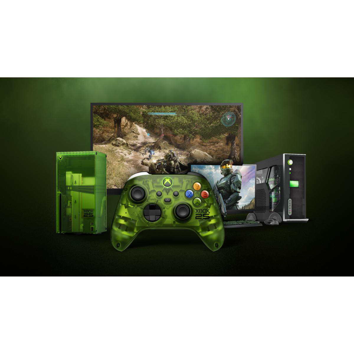 Grünes Xbox-Zubehör wie Konsole und Controller vor einem Monitor mit Spielszene.