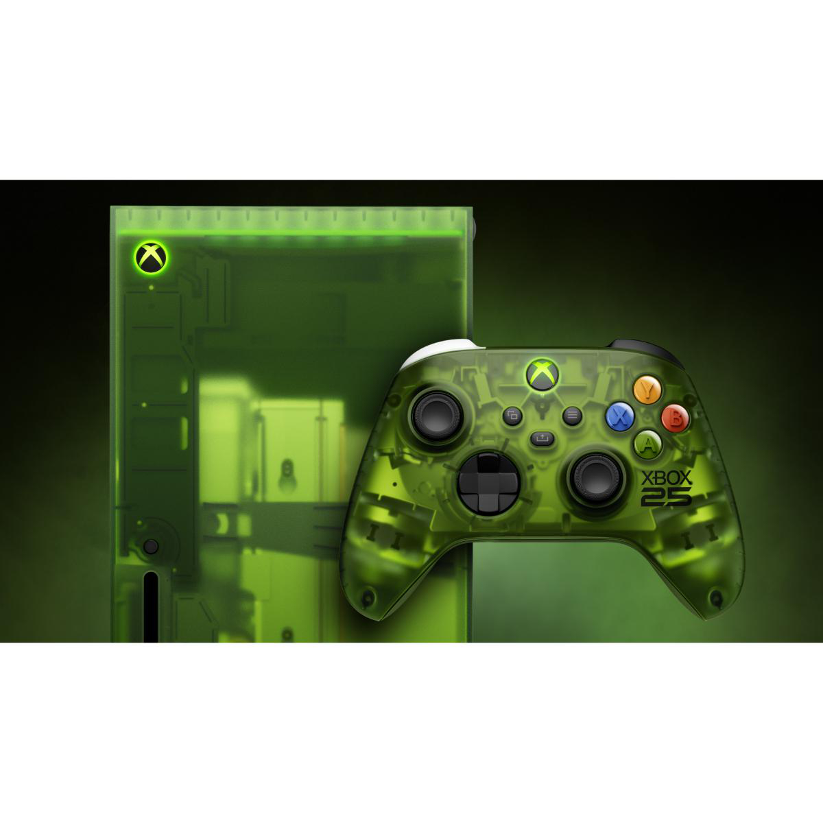 Transparenter grüner Xbox Controller und Konsole vor grünem Hintergrund.