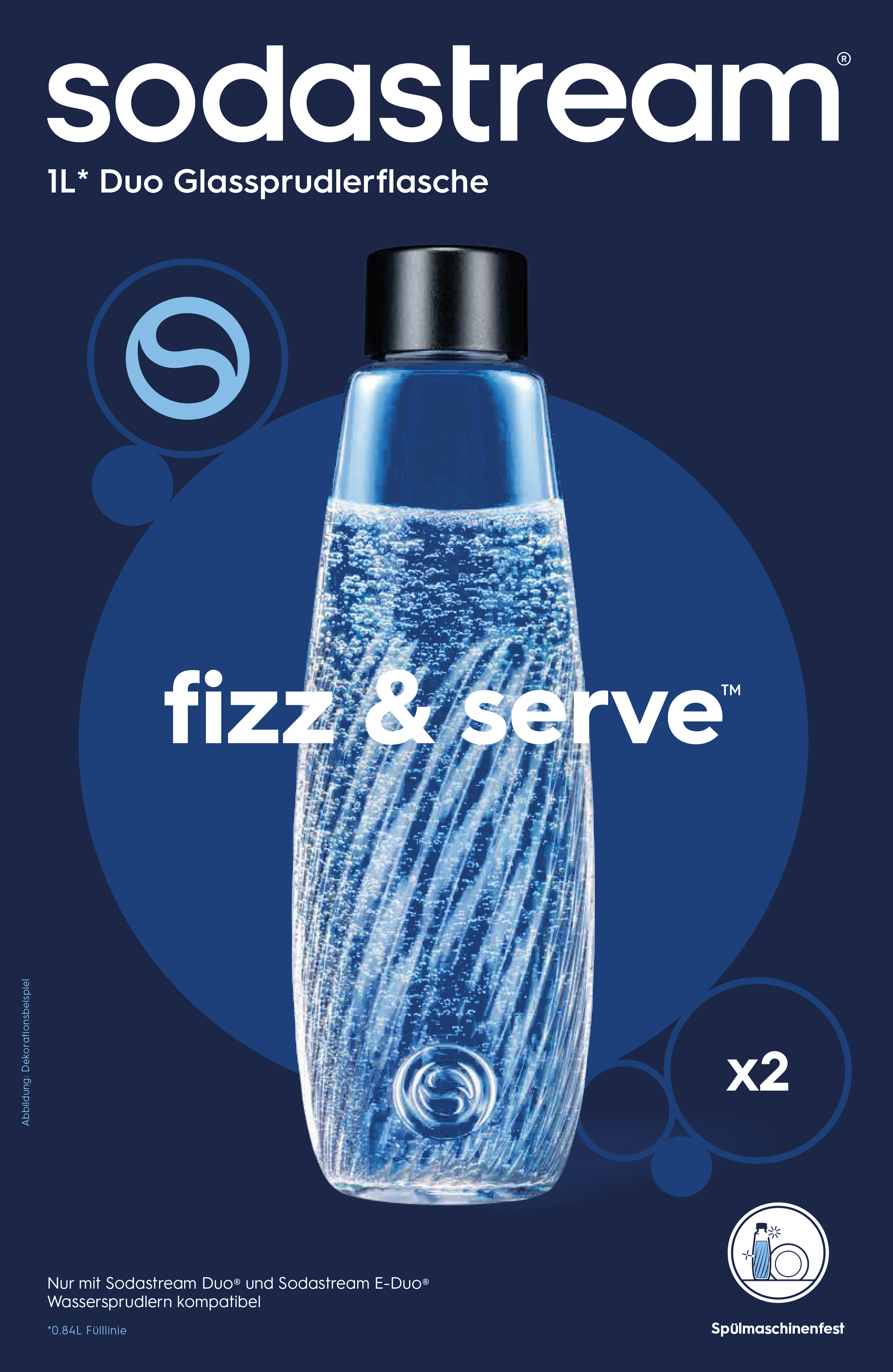 Sodastream Duo 1L Glassprudlerflasche auf blauem Hintergrund mit dem Slogan fizz & serve.