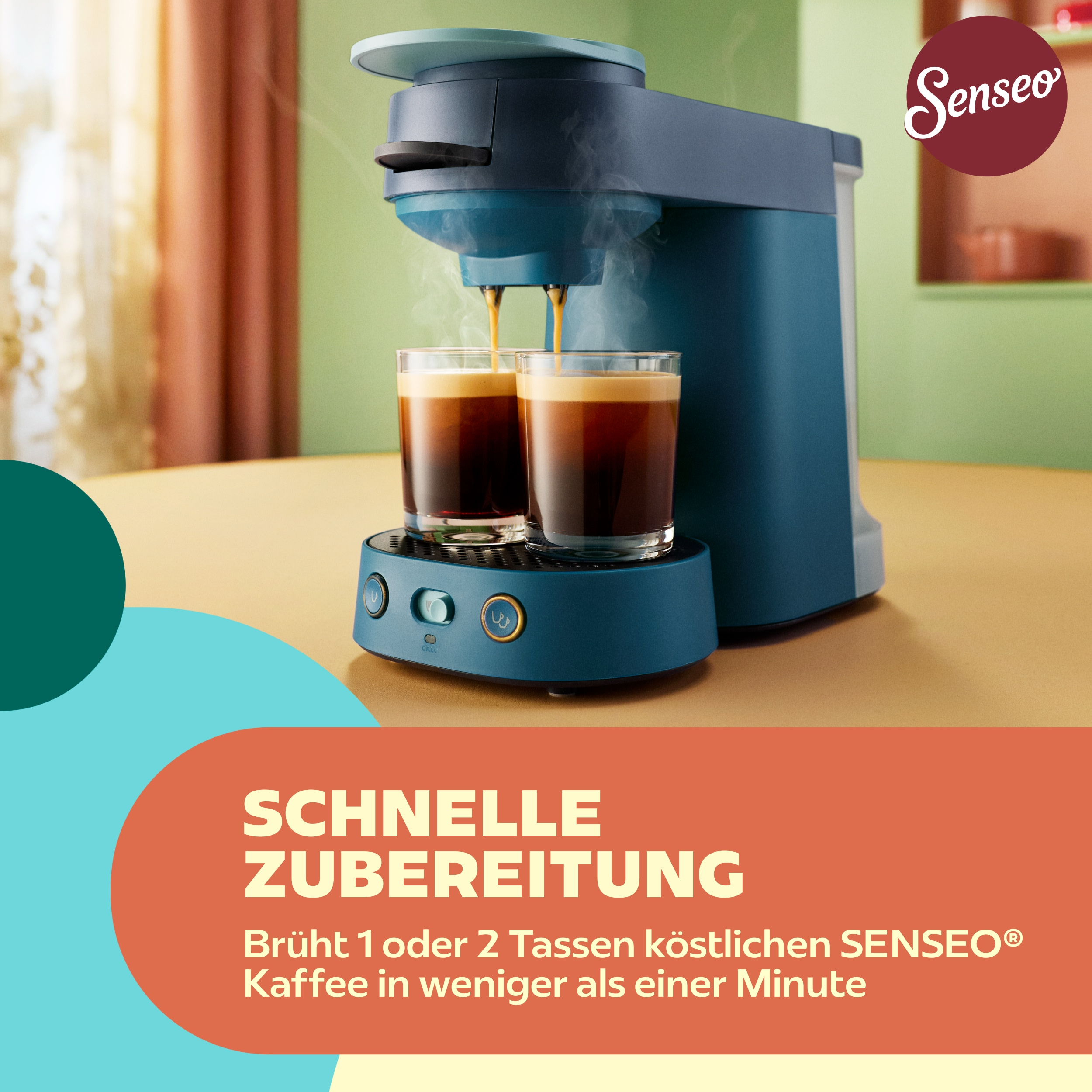 Blaue Senseo-Kaffeemaschine brüht zwei Tassen Kaffee auf einem Tisch mit deutscher Werbeschrift.
