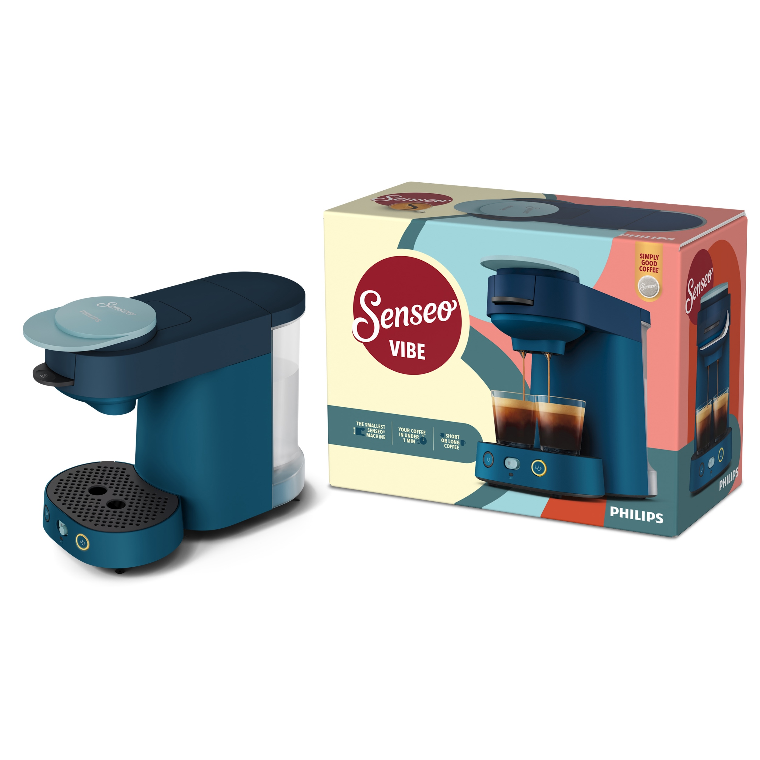 Eine blaue Philips Senseo Vibe Kaffeemaschine steht neben ihrer Produktverpackung auf weißem Grund.