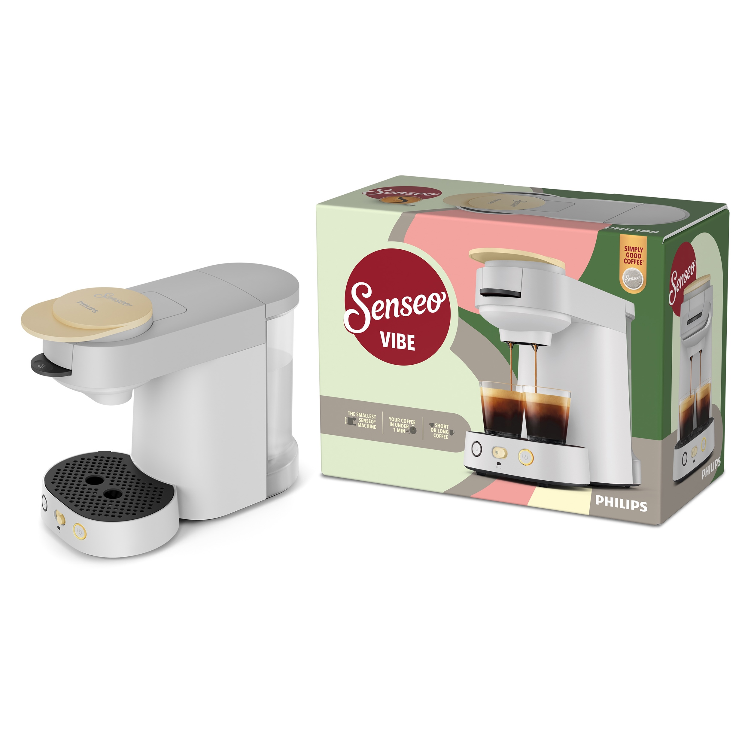Eine graue und beigefarbene Philips Senseo Vibe Kaffeemaschine steht neben ihrer Produktverpackung.