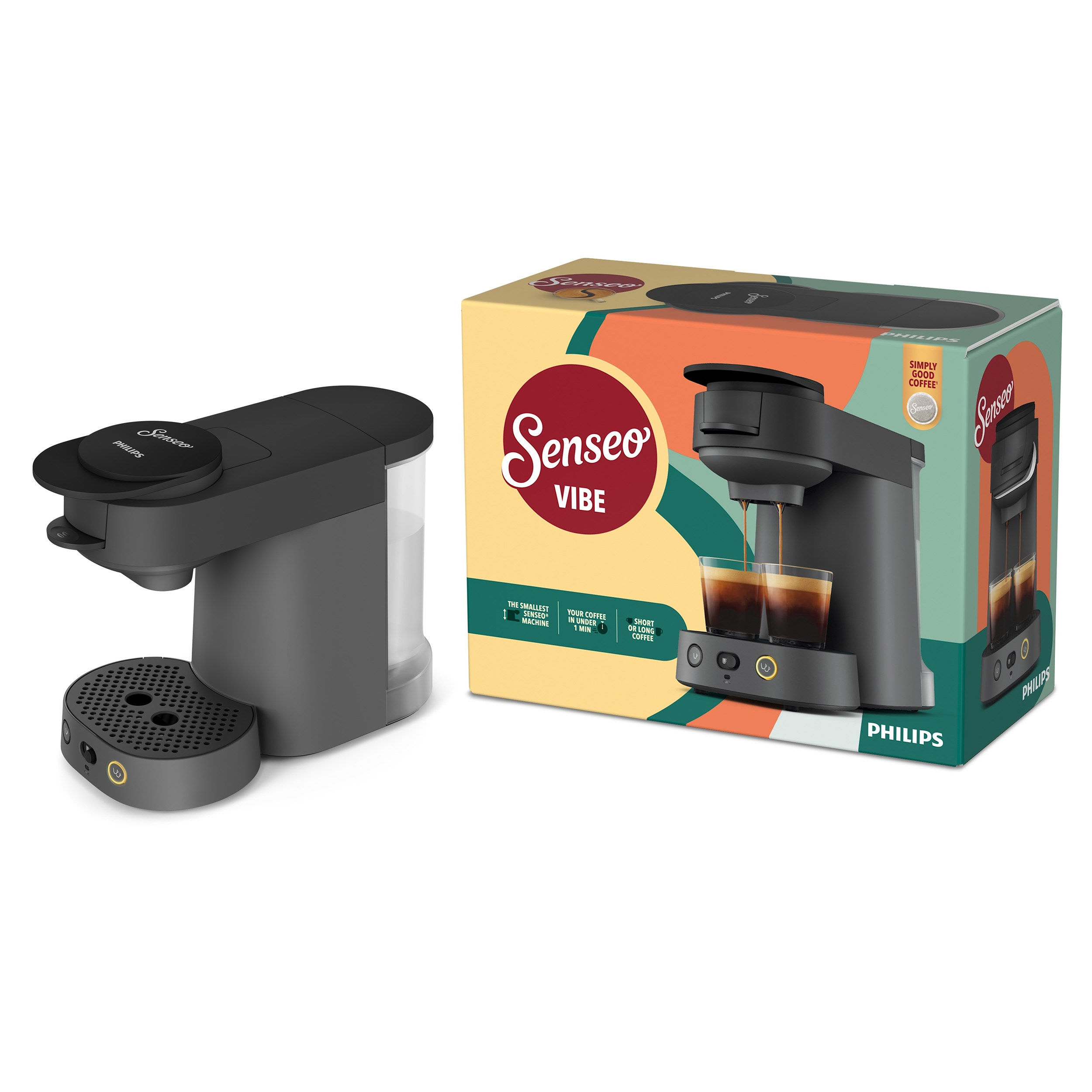 Eine graue Philips Senseo Vibe Kaffeemaschine steht neben ihrer bunten Produktverpackung.