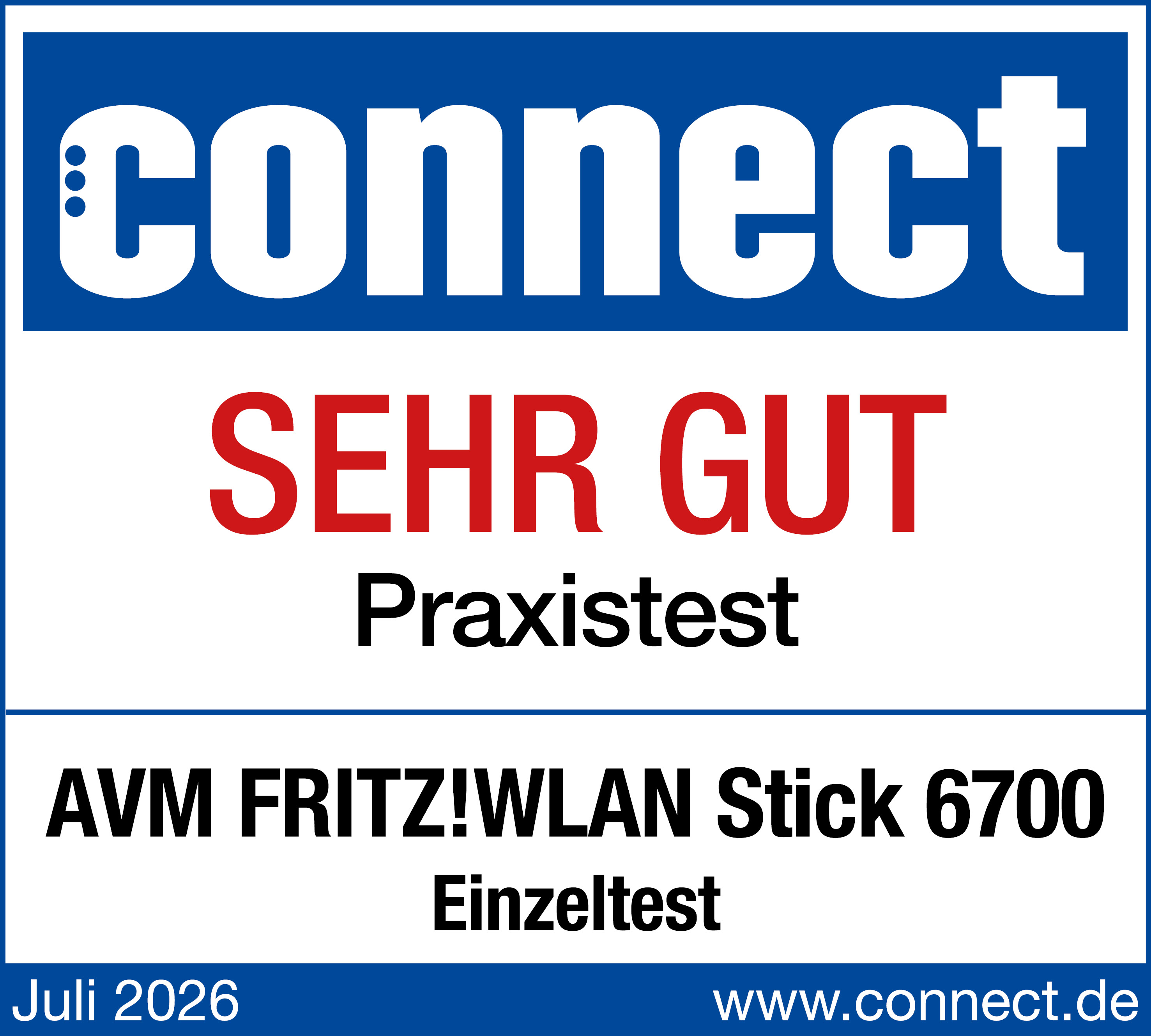 Connect-Logo mit SEHR GUT und AVM FRITZ!WLAN Stick 6700 Text auf weißem und blauem Hintergrund.