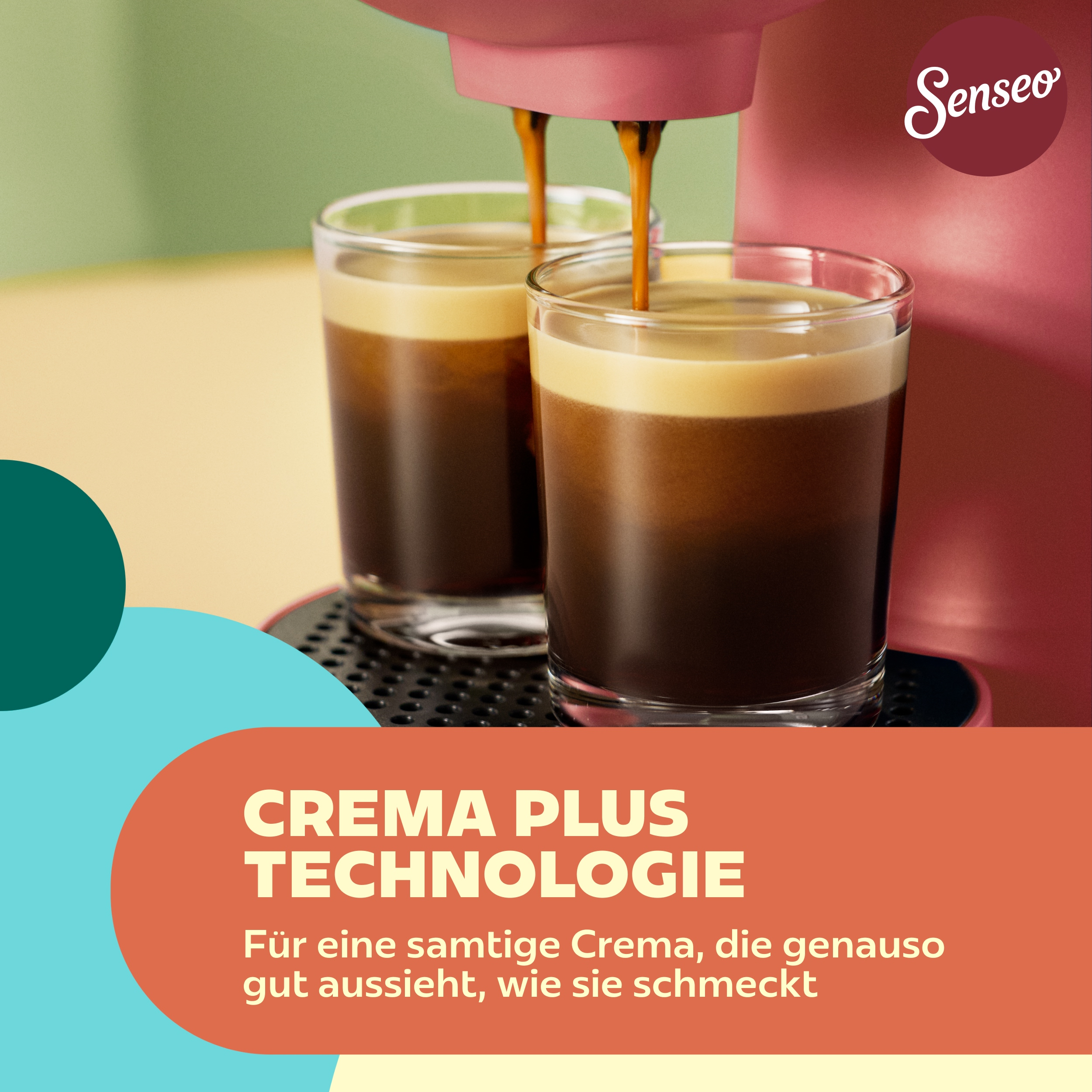 Eine rosa Senseo-Kaffeemaschine füllt zwei Gläser mit Kaffee und Crema. Unten steht 'Crema Plus Technologie'.