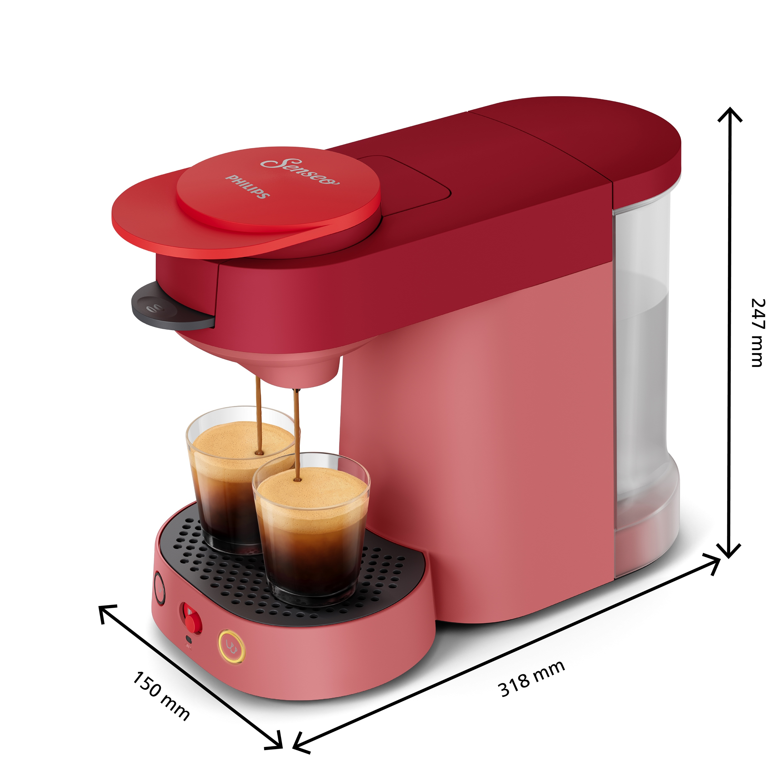 Rote Philips Senseo Kaffeemaschine mit Maßen und zwei Gläsern.
