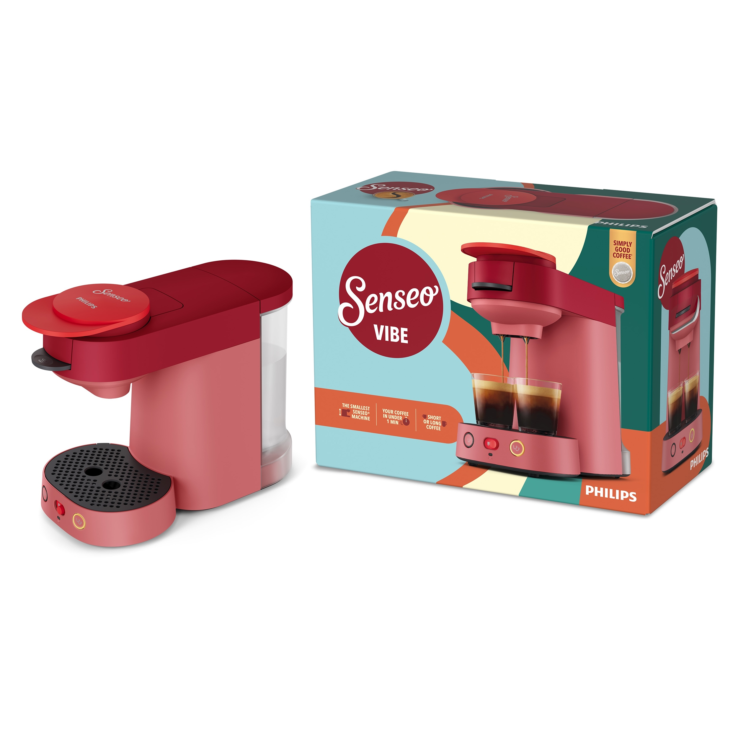 Eine rot-rosa Philips Senseo Vibe Kaffeemaschine steht neben ihrer bunten Produktverpackung.