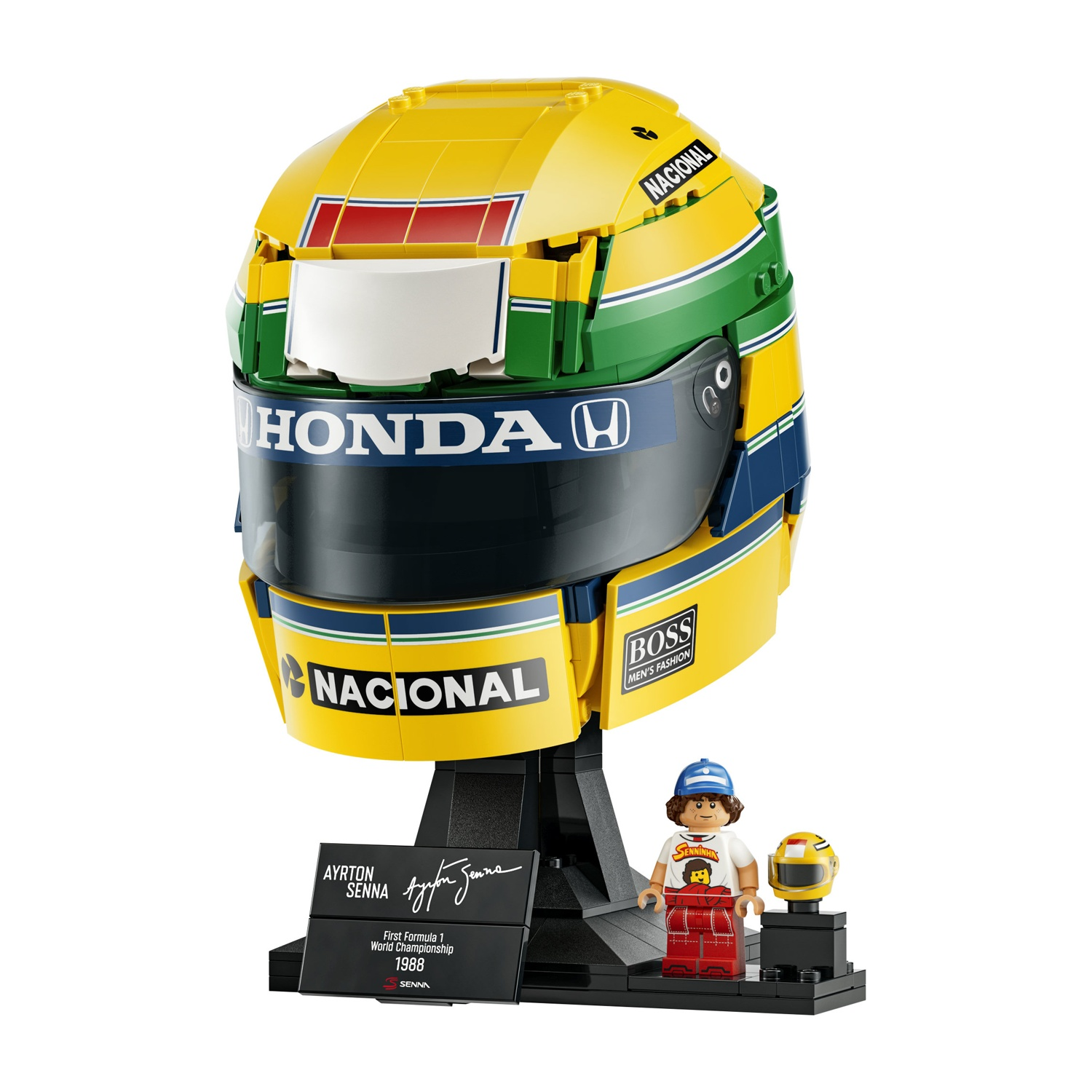 Replica Lego del casco da corsa giallo, verde e blu di Ayrton Senna del 1988 con minifigura e supporto.