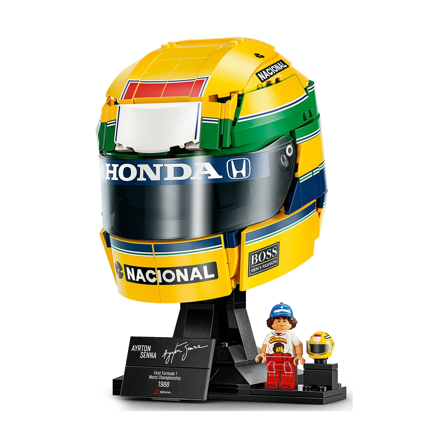 Replica Lego del casco da corsa giallo e verde di Ayrton Senna, con supporto e minifigura.