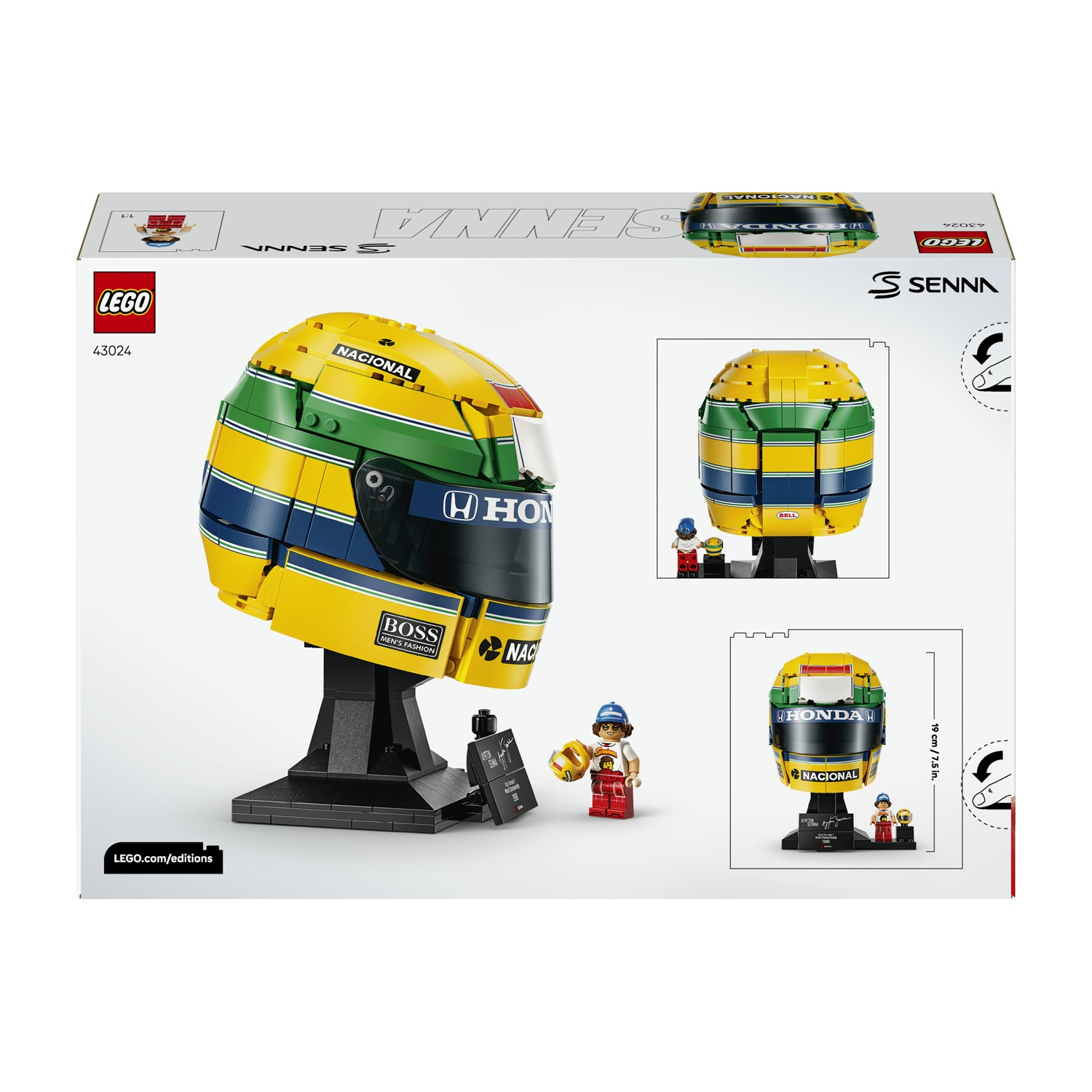Set casco Lego Ayrton Senna su supporto nero con minifigura.