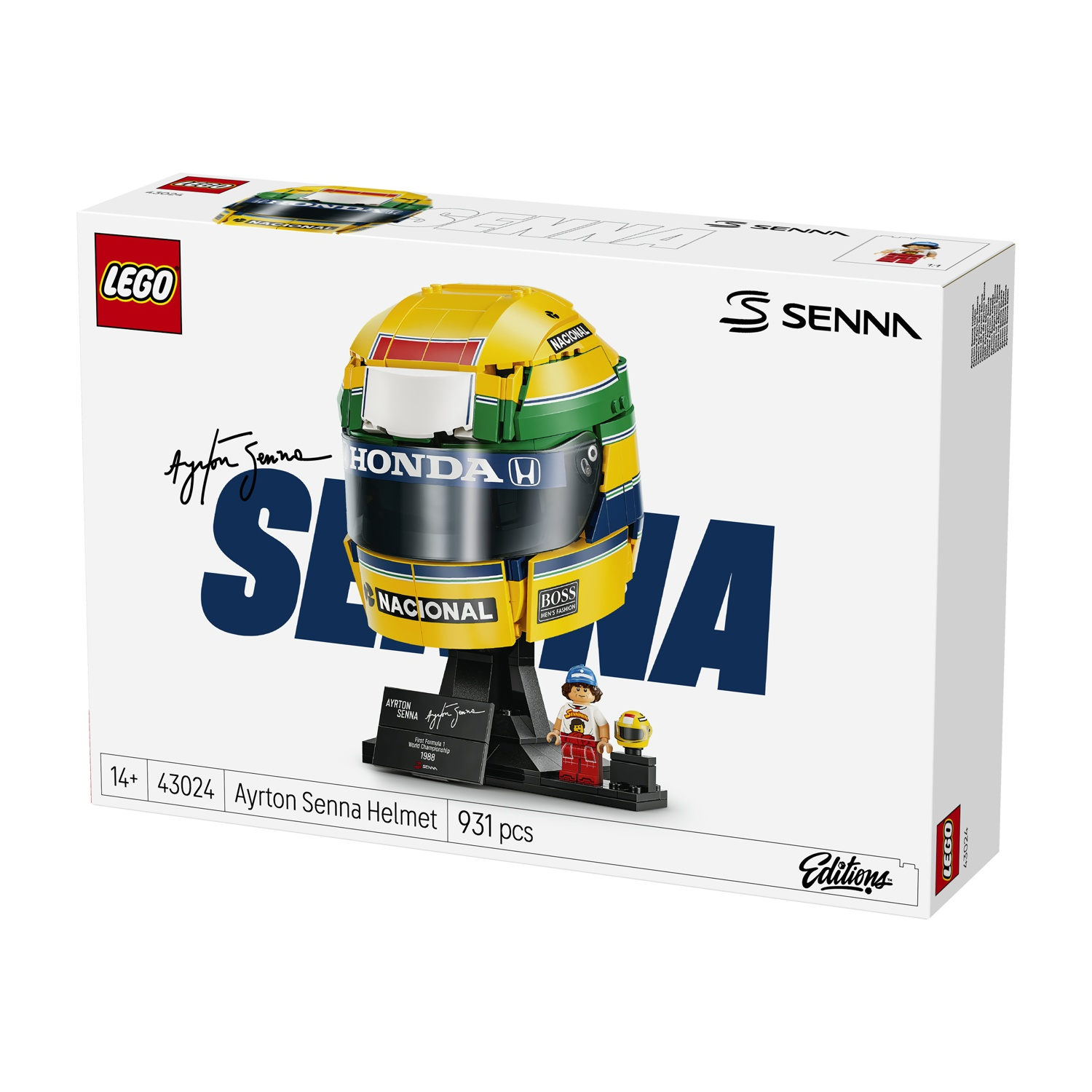 Set casco Lego Ayrton Senna con mattoncini gialli, verdi e blu, supporto e minifigure.