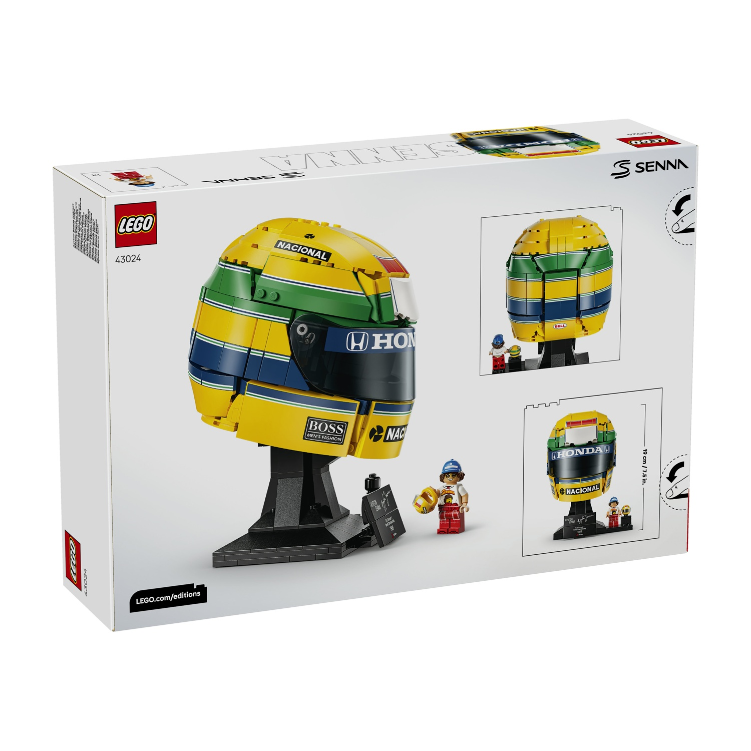 Scatola Lego con casco giallo, verde e blu di Ayrton Senna e minifigura.