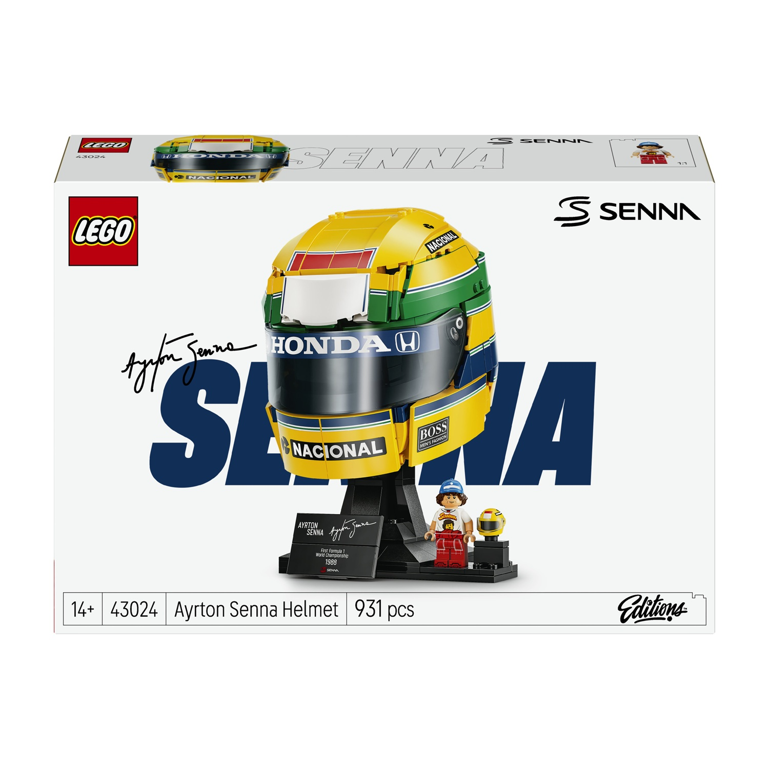 Scatola Lego con il casco da F1 di Ayrton Senna, una minifigure e un espositore.