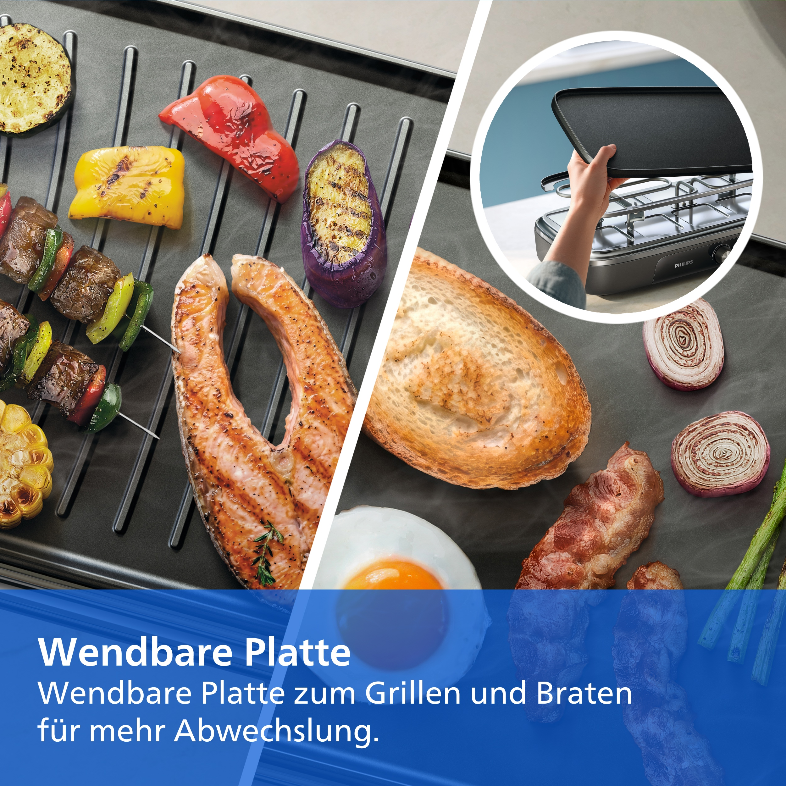 Wartungsfreundliche Wendeplatte zum Grillen mit Gemüse, Fleisch und Fisch.