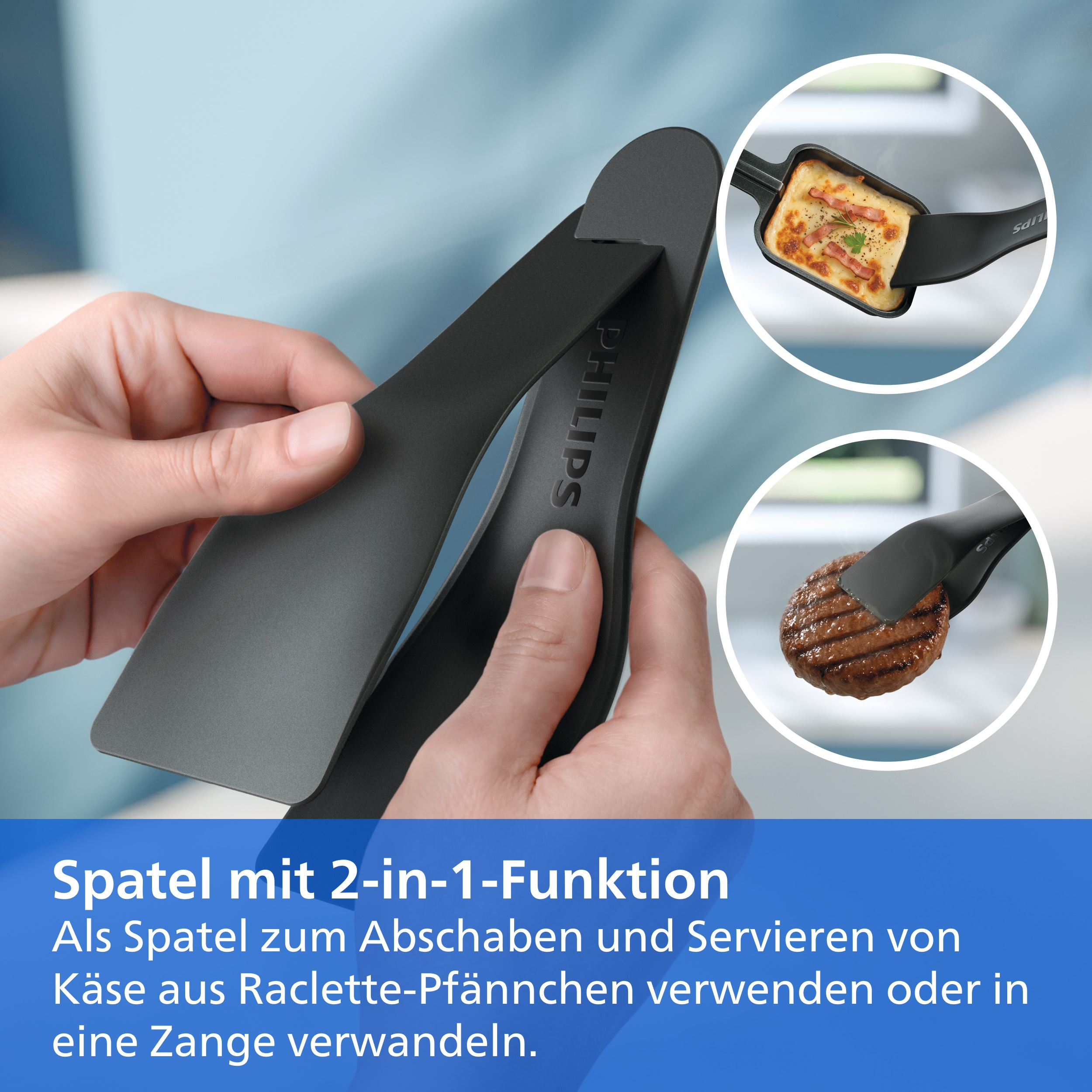 Eine Hand hält einen schwarzen 2-in-1-Spatel, der sich in eine Zange umwandeln lässt. In Insets ist die Nutzung zu sehen.