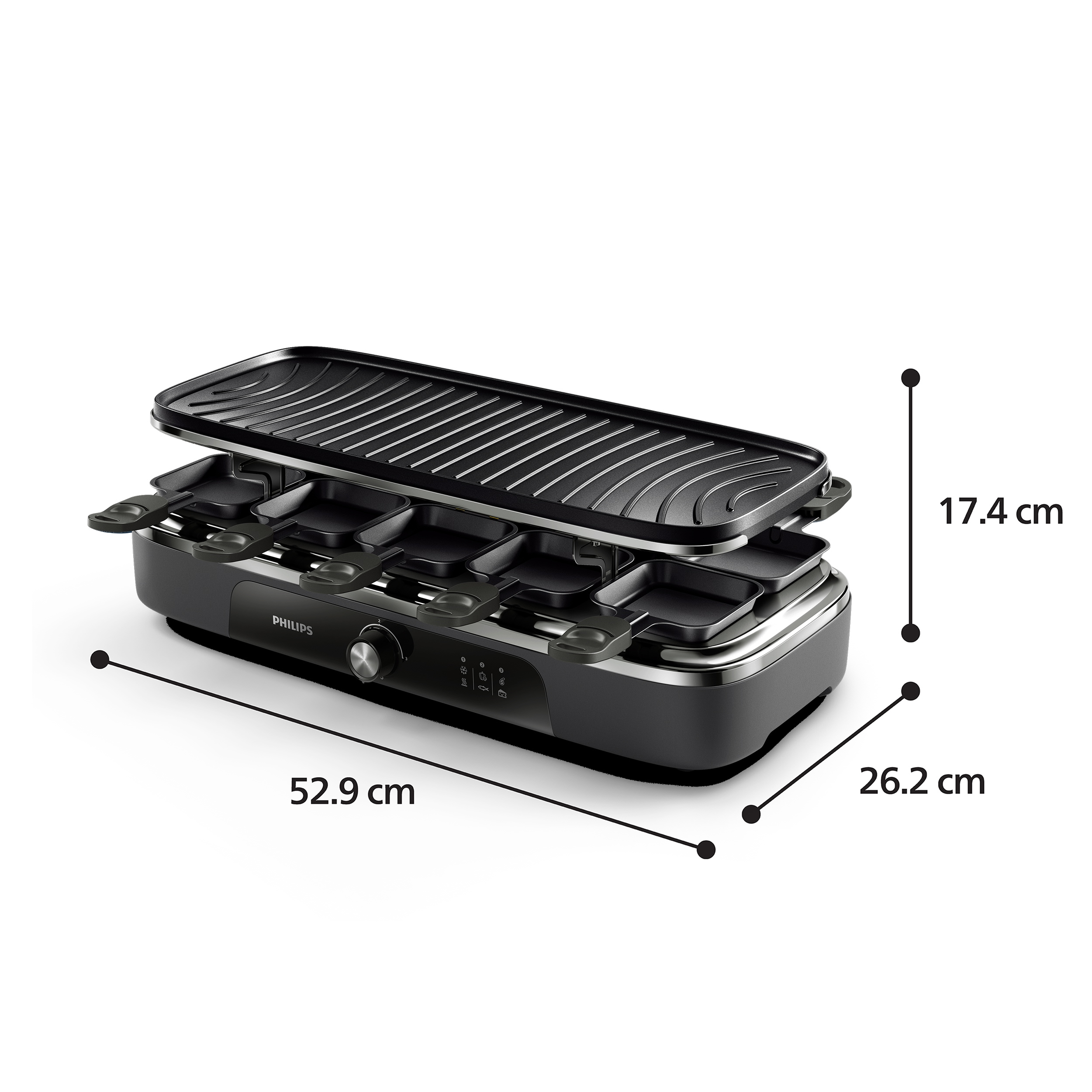 Ein schwarzer Philips Raclette-Grill mit Größenangaben: 52,9 cm Länge, 26,2 cm Breite und 17,4 cm Höhe.