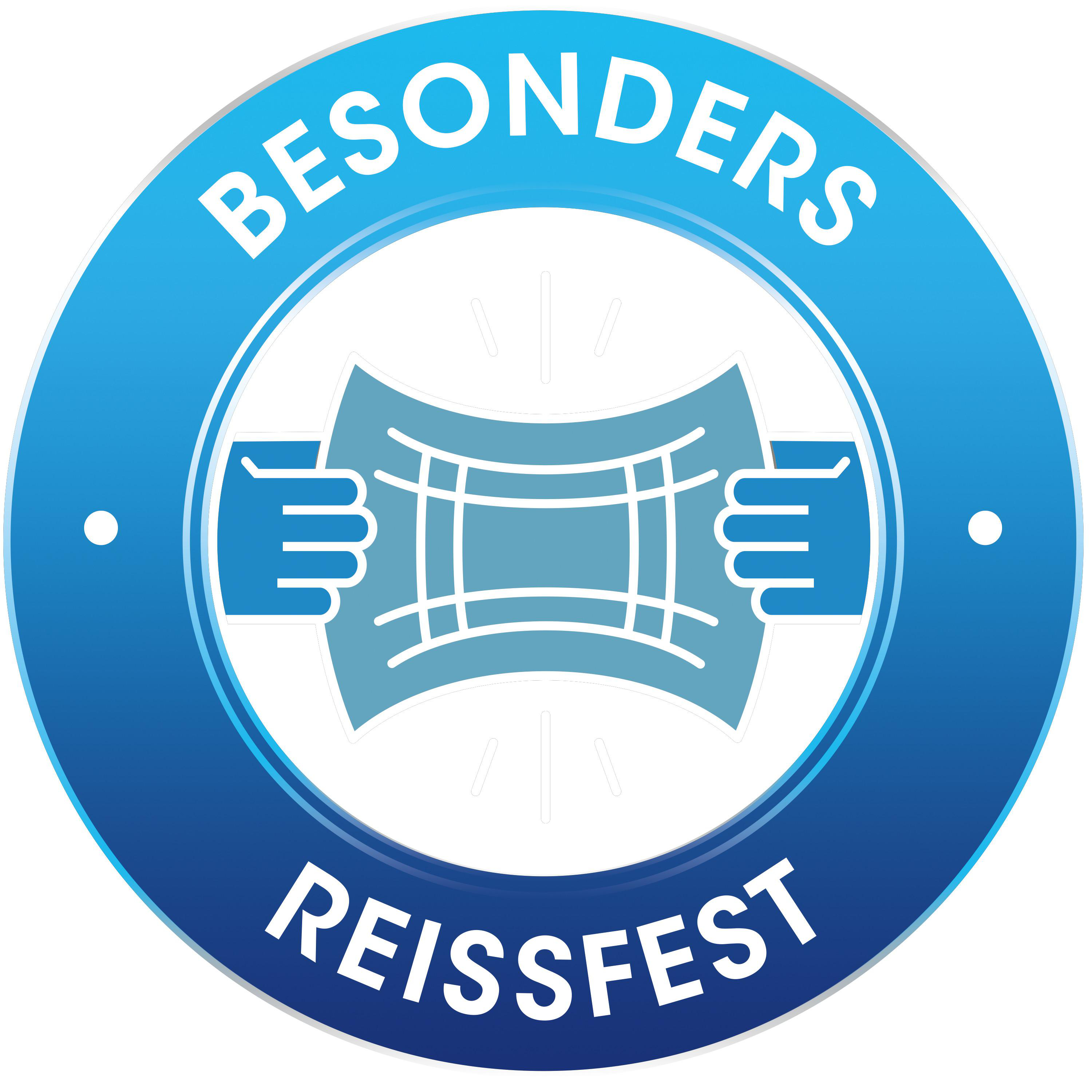 Blaues Siegel mit der Aufschrift BESONDERS REISSFEST, das zwei Hände zeigt, die ein Netz dehnen.