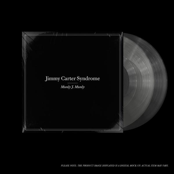 Schwarze Vinyl-Schallplattenhülle und transparente Schallplatte mit Text."Jimmy Carter Syndrome" vor schwarzem Hintergrund.