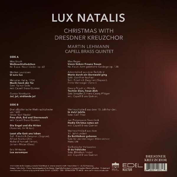 Rückseite des Albums Lux Natalis mit Tracklist für Seite A und B vor dunklem Hintergrund.