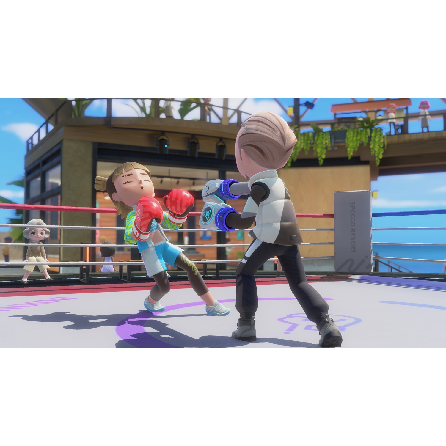 Two animated characters boxing in an outdoor ring with a tropical backdrop.