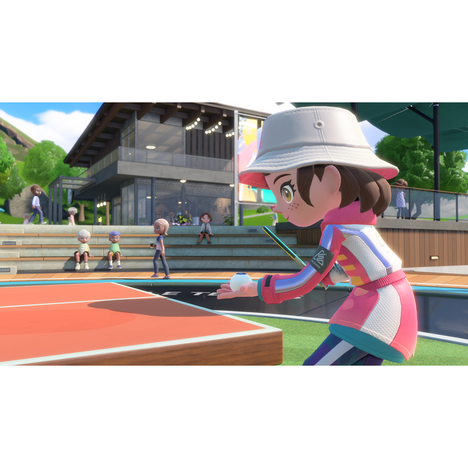 An animated character in pink clothing and a white hat plays table tennis at an outdoor table.