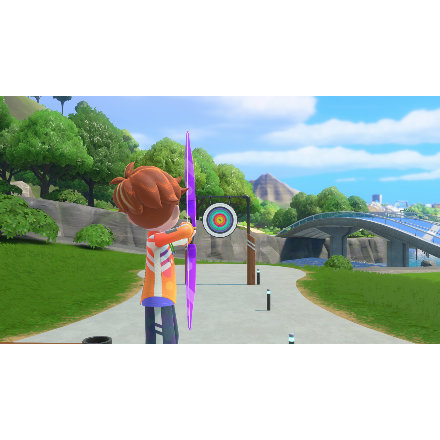 An animated character aims a purple bow at a target in a hilly park landscape.