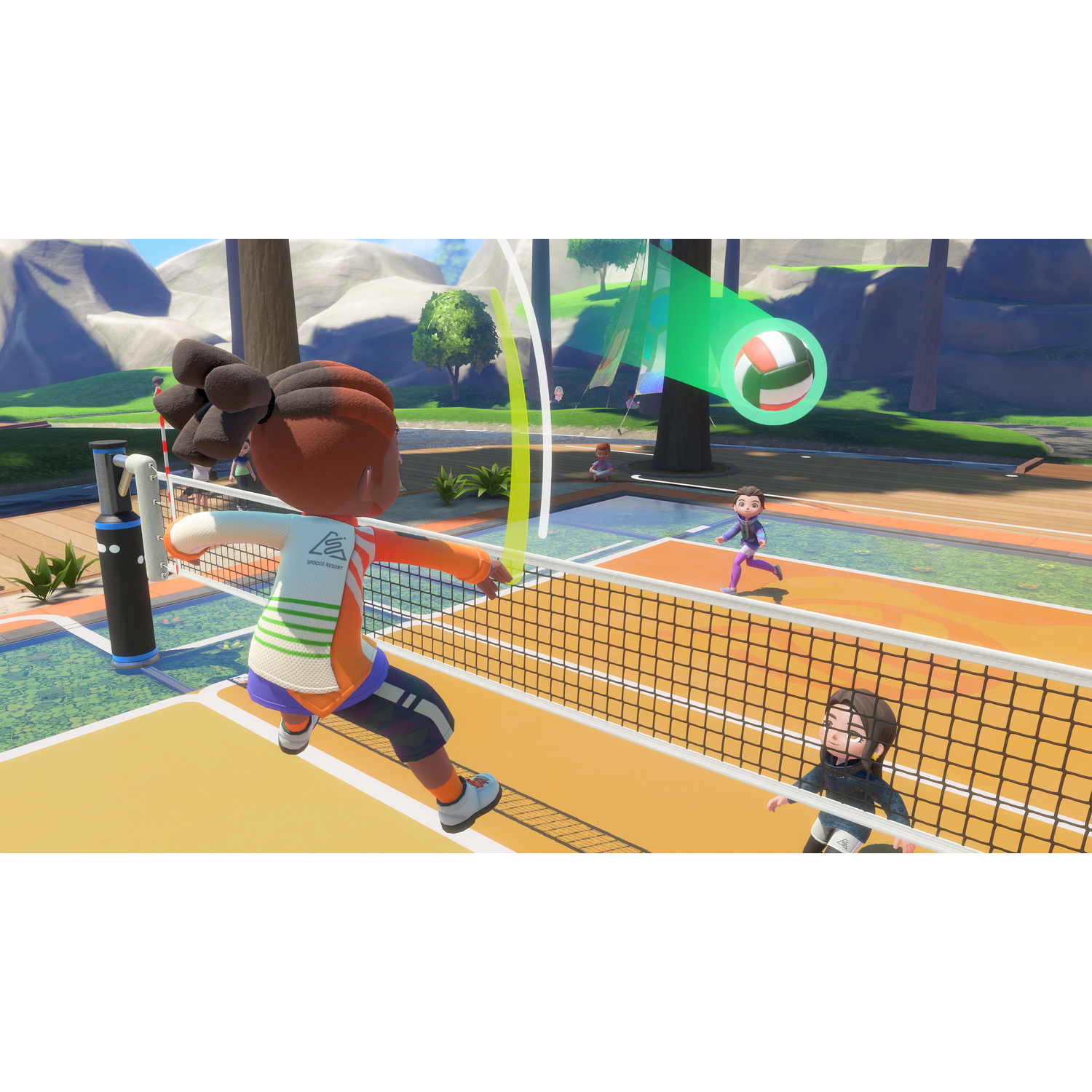 Avatars play outdoor volleyball, jumping and hitting the ball over a net on an orange and blue court.