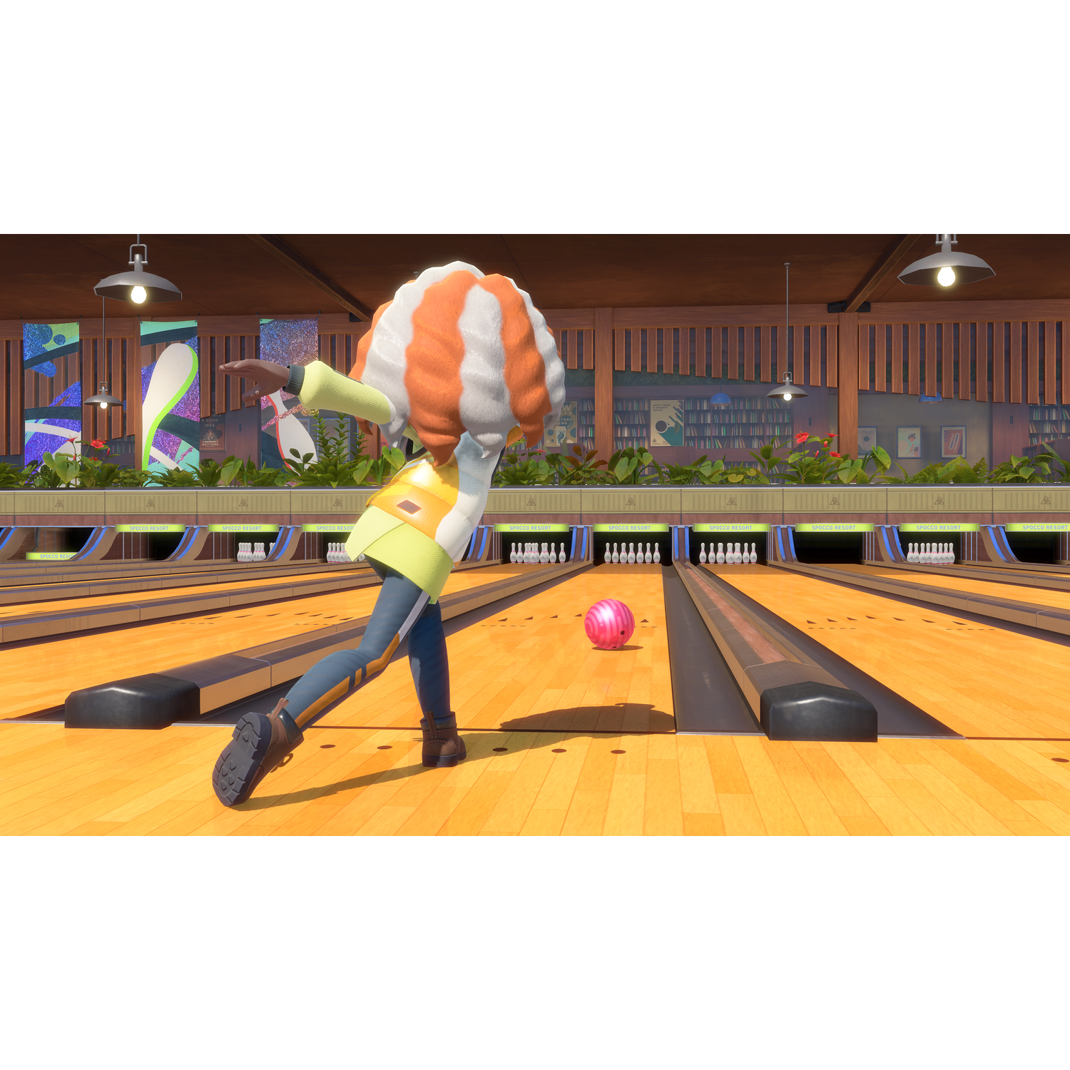 An animated character in a bowling alley throws a pink ball toward the pins.