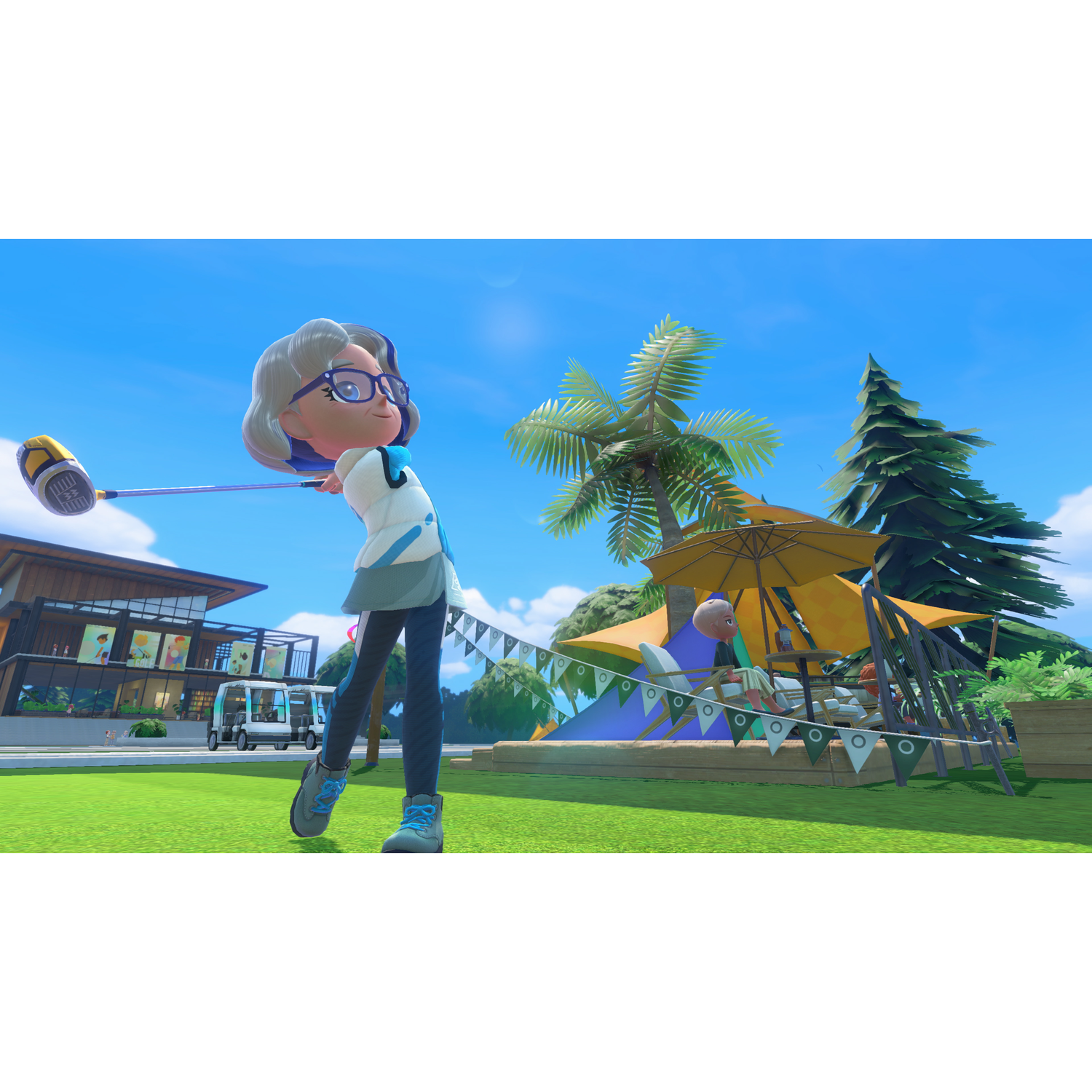 A woman in sportswear swings a golf club on a grassy course, with a sunny resort and tents in the background.