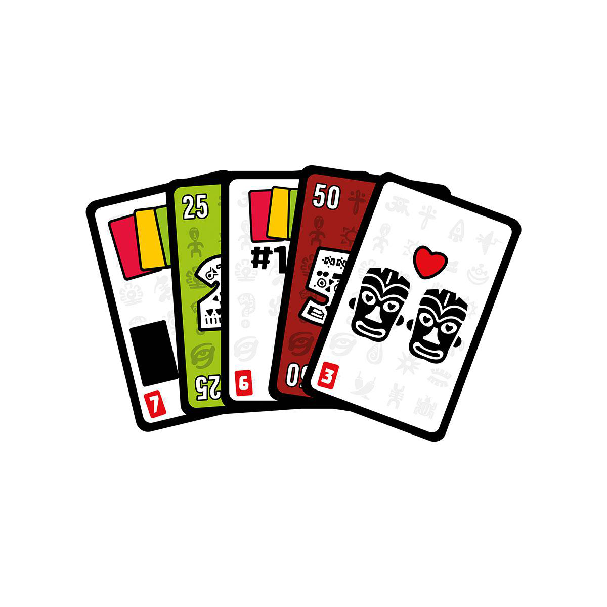 Fünf farbige Spielkarten mit Tiki-Masken, Symbolen und Zahlen auf weißem Hintergrund.