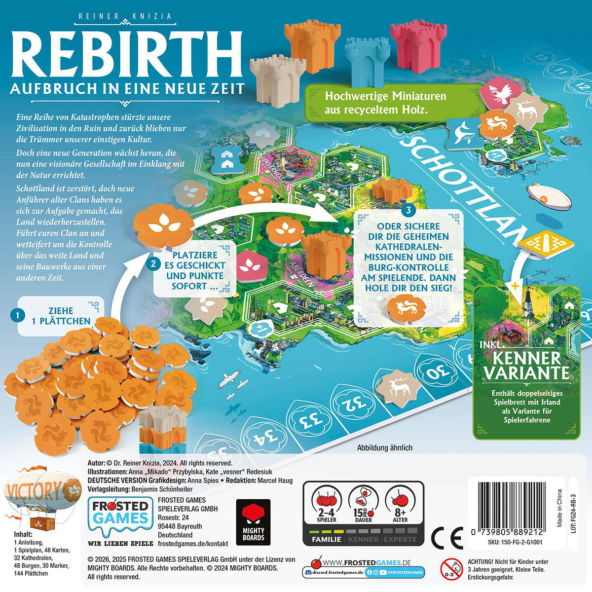 Spielschachtelrückseite des Brettspiels Rebirth mit Karte, Minis und Spielregeln.