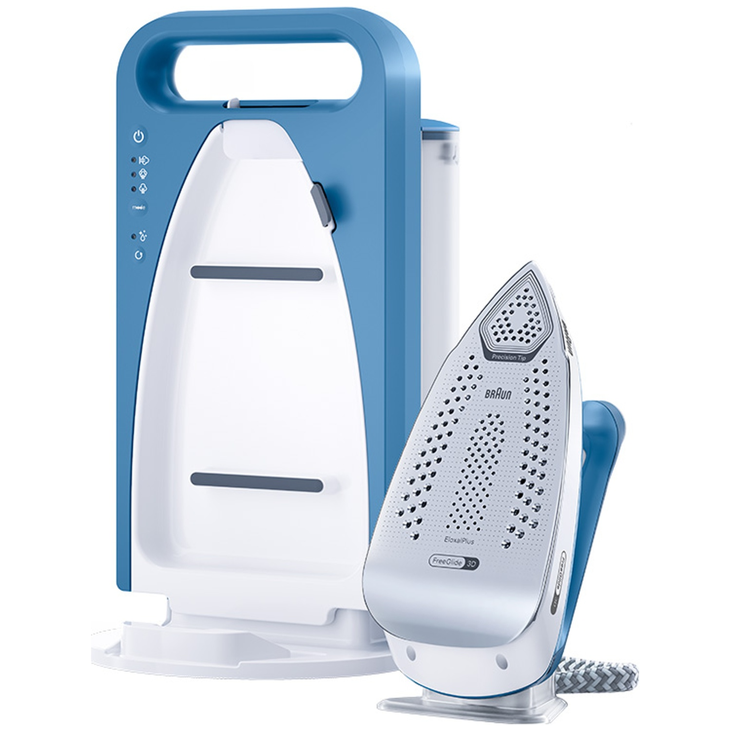 Un fer à repasser à vapeur Braun bleu et blanc avec grande base bleue séparée sur fond blanc.