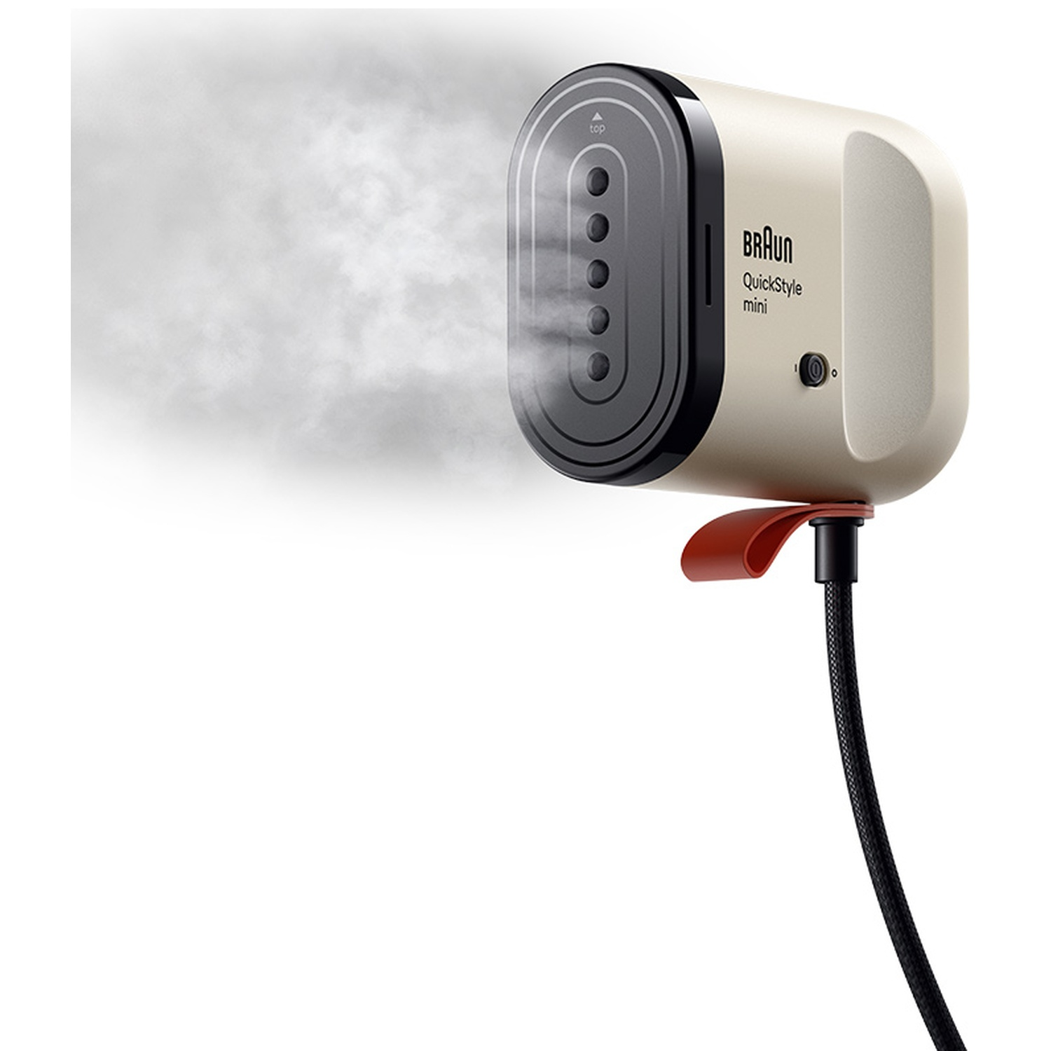 A white Braun QuickStyle mini garment steamer with a black head emits steam.