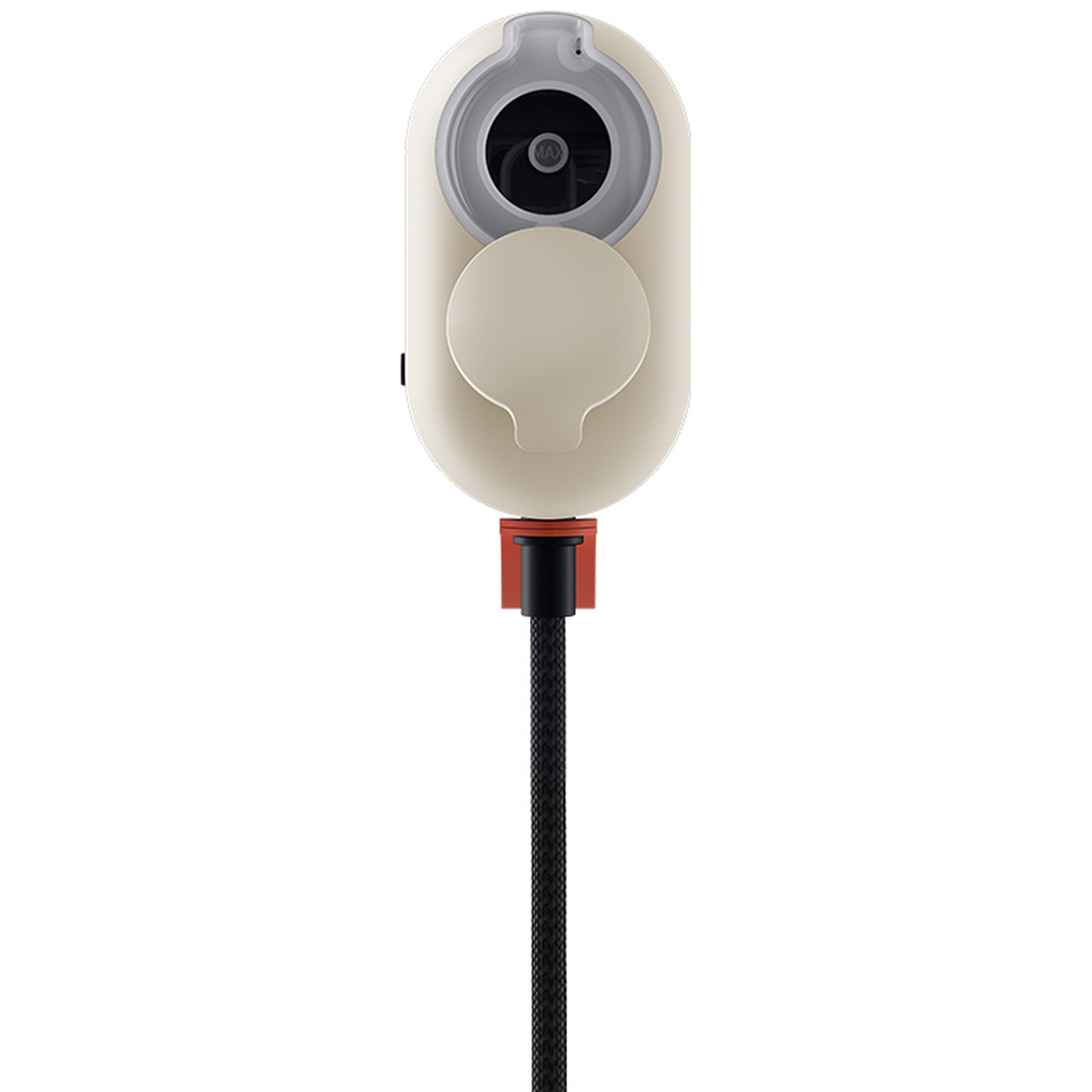 A beige EV charging station with a black braided cable extending downward on a white background.