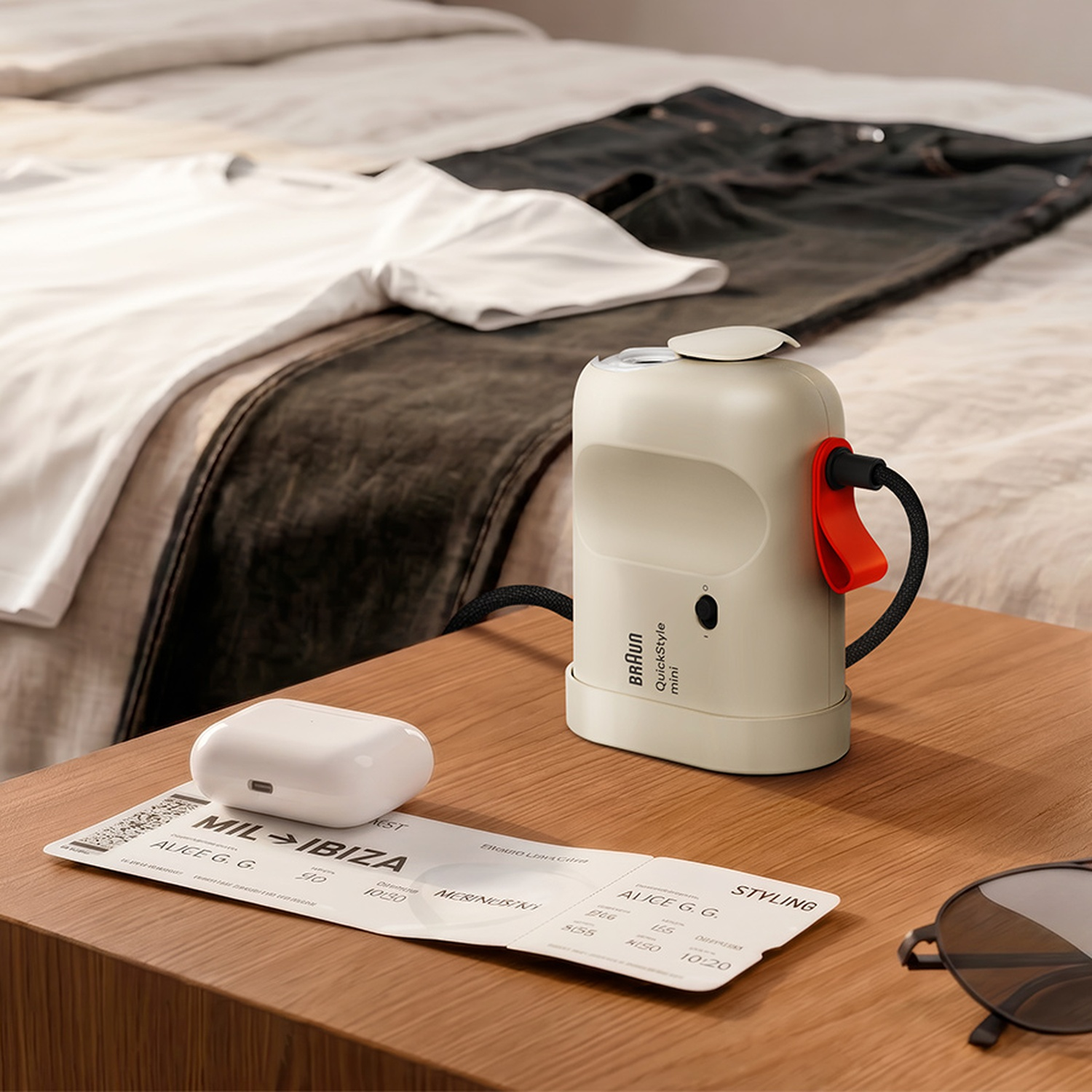 A beige mini clothing steamer sits on a wooden nightstand next to a boarding pass, earbuds case, and sunglasses.