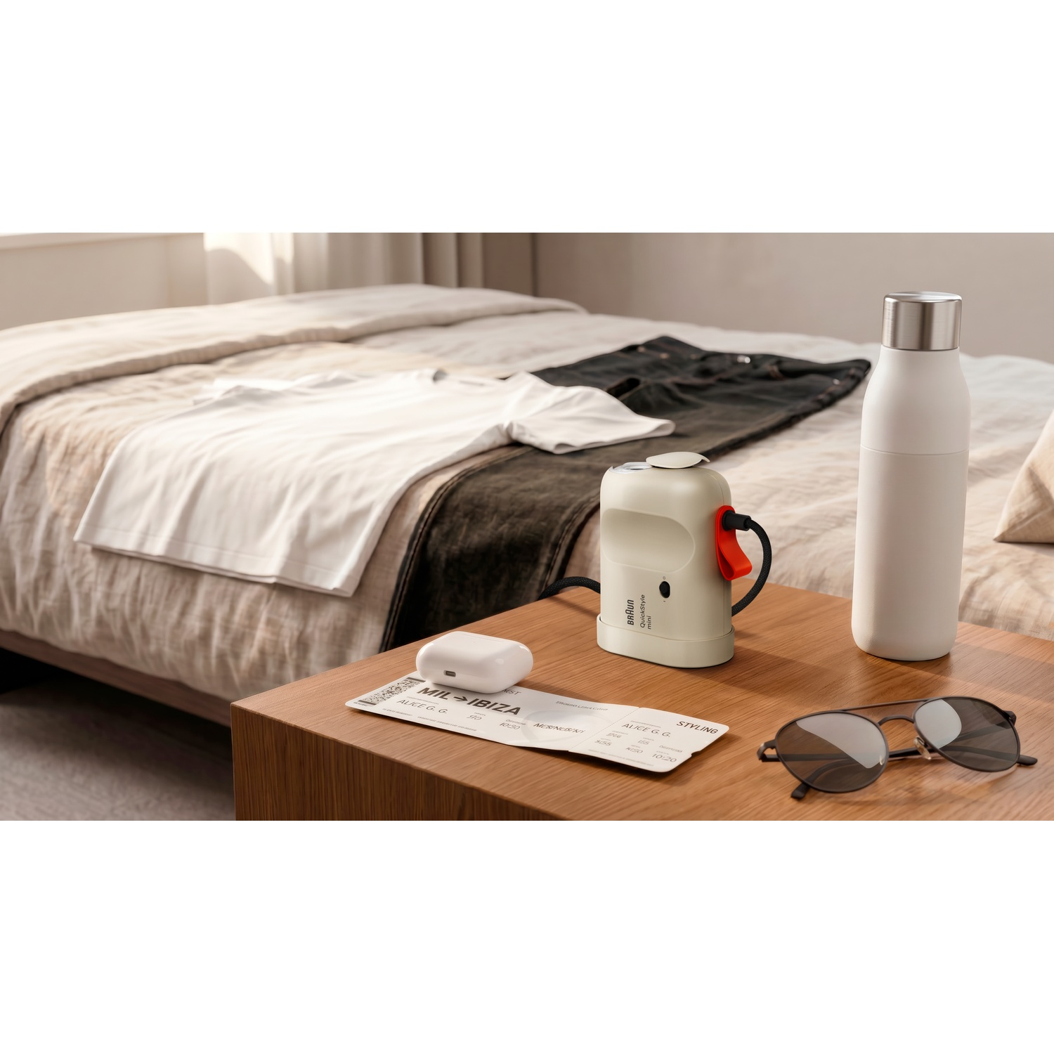 A white device, water bottle, sunglasses, earbuds, and a plane ticket rest on a wooden bedside table.