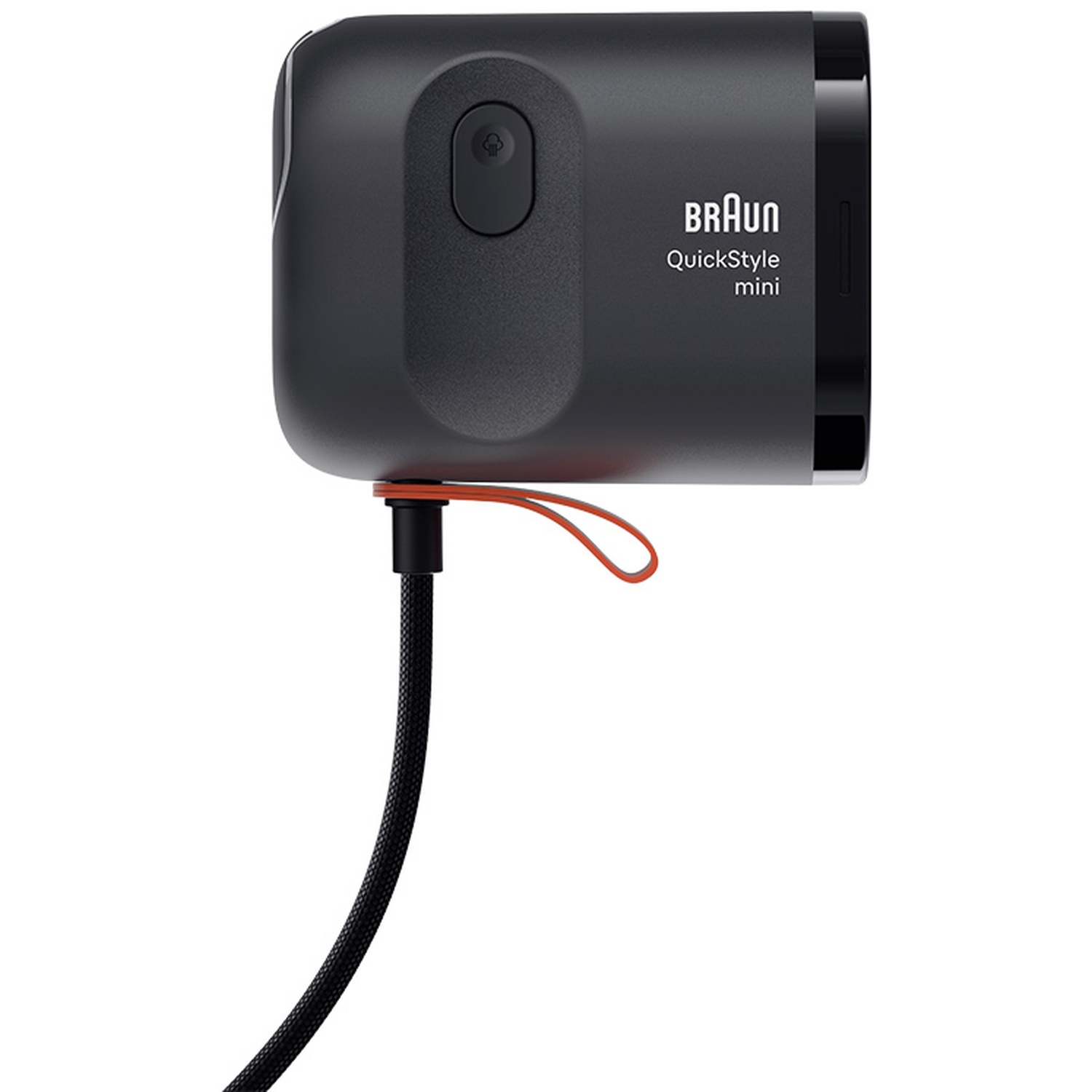 Een zwarte Braun QuickStyle mini kledingstomer met stroomsnoer tegen een witte achtergrond.