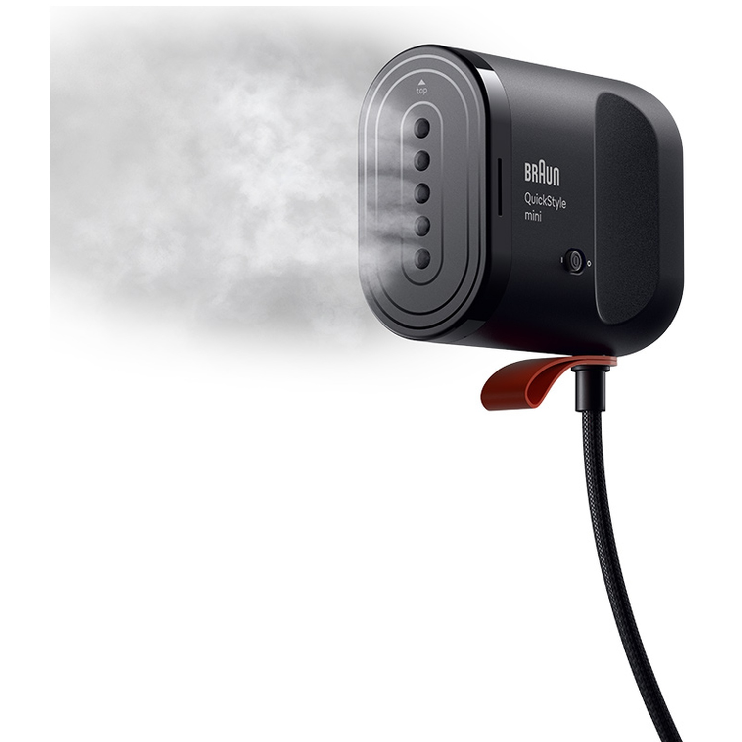 Zwarte Braun QuickStyle mini kledingstomer die stoom uitdrukt met snoer op witte achtergrond.
