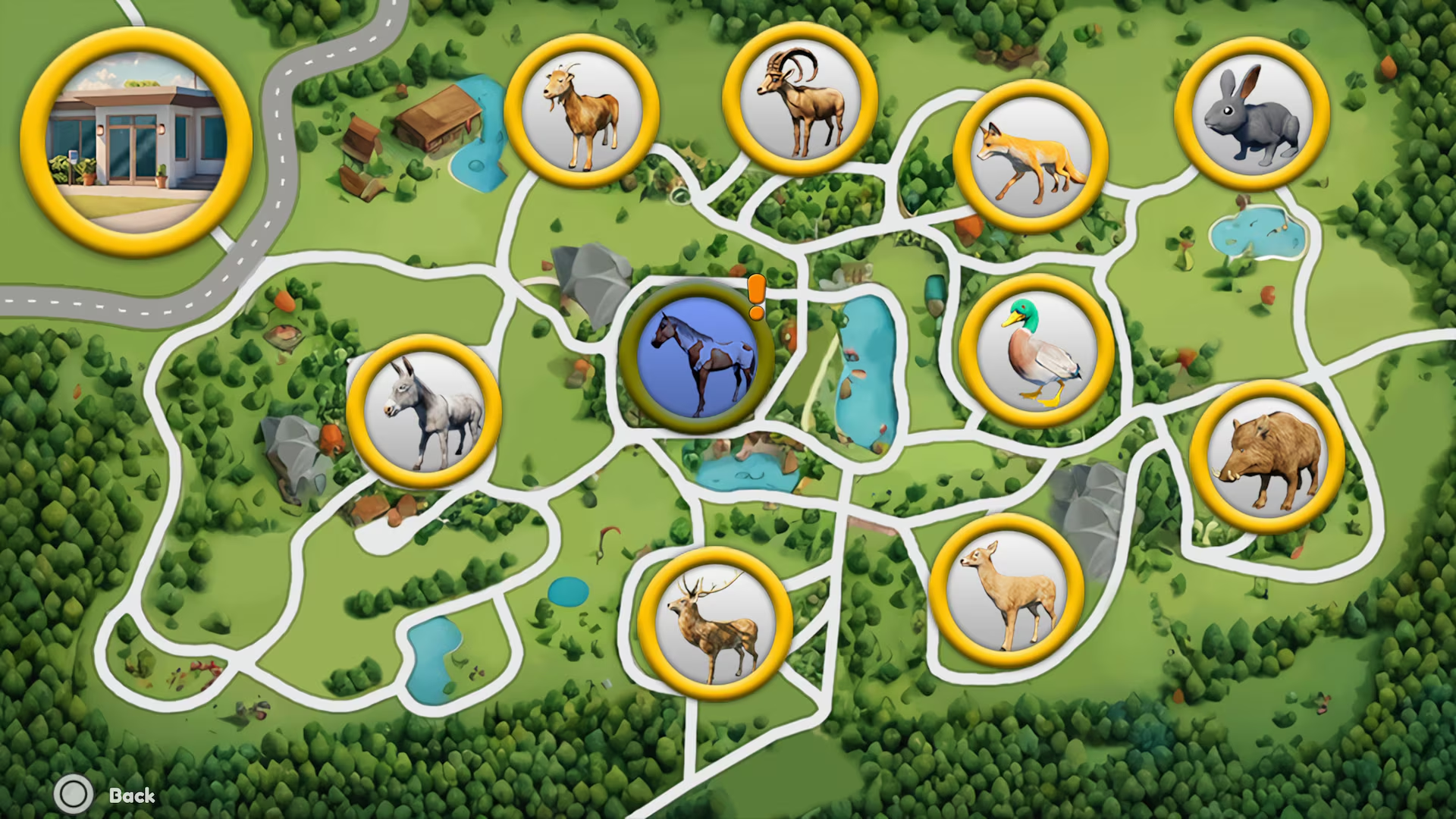 Una mappa verde del parco con sentieri bianchi e cerchi gialli che mostrano vari animali come capra, volpe e anatra.