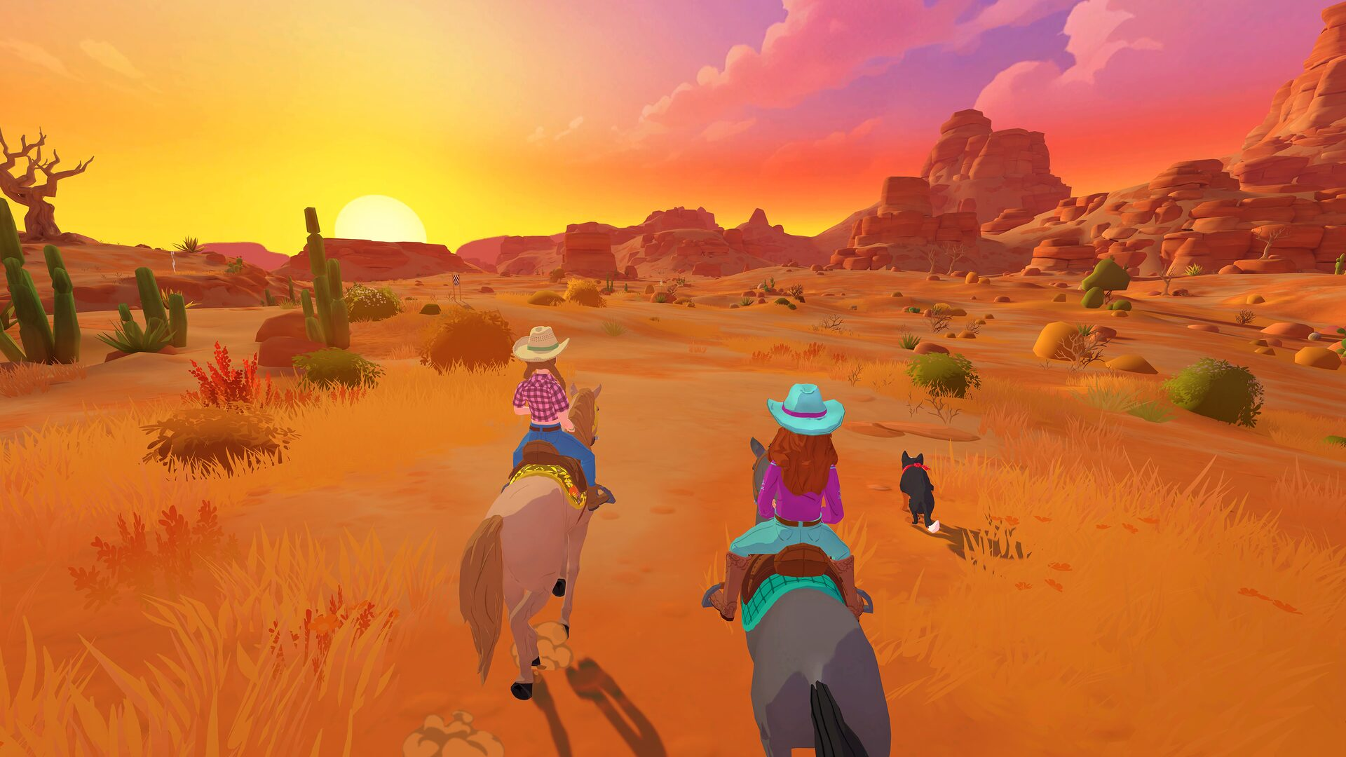 Deux cavalières à cheval et un chien parcourent un paysage désertique coloré au coucher du soleil.