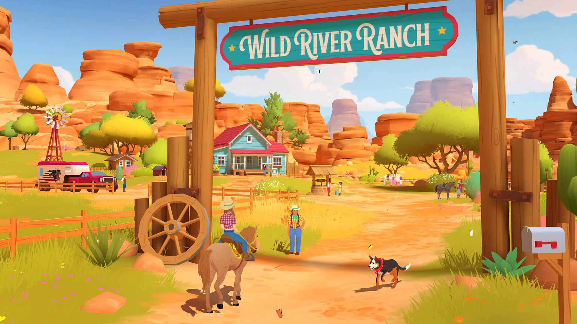 Wild River Ranch avec portail en bois, cheval, cowboy, chien et maison rouge.