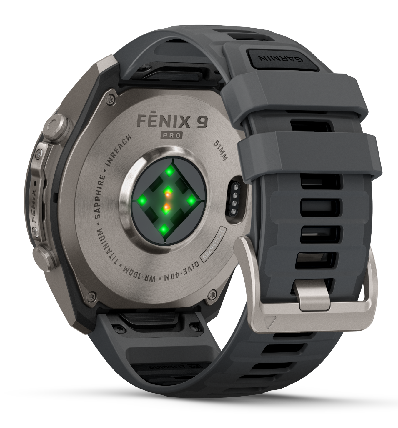 Tył smartwatcha Garmin Fenix 9 Pro z szarym paskiem i zielonym czujnikiem tętna.
