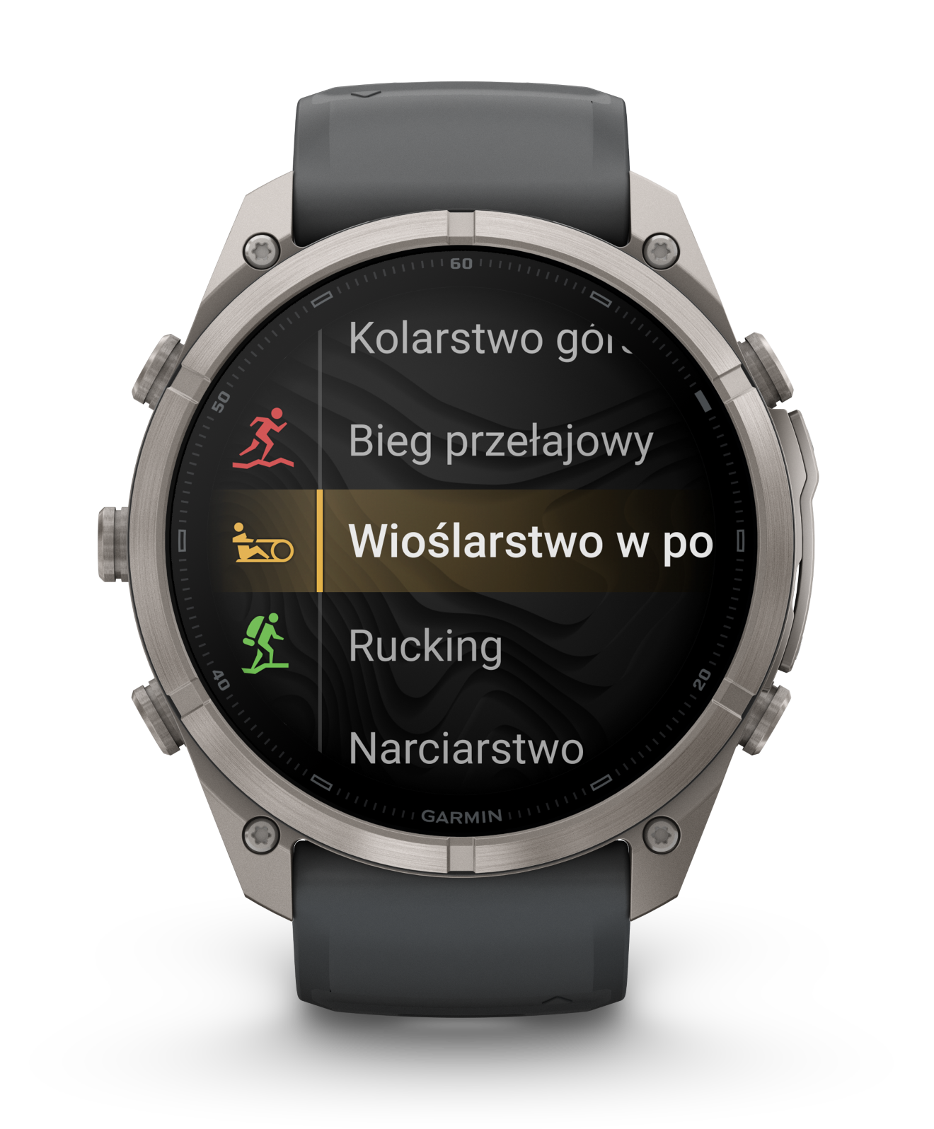 Smartwatch wyświetla menu sportowe z podświetlonym na złoto wioślarstwem.
