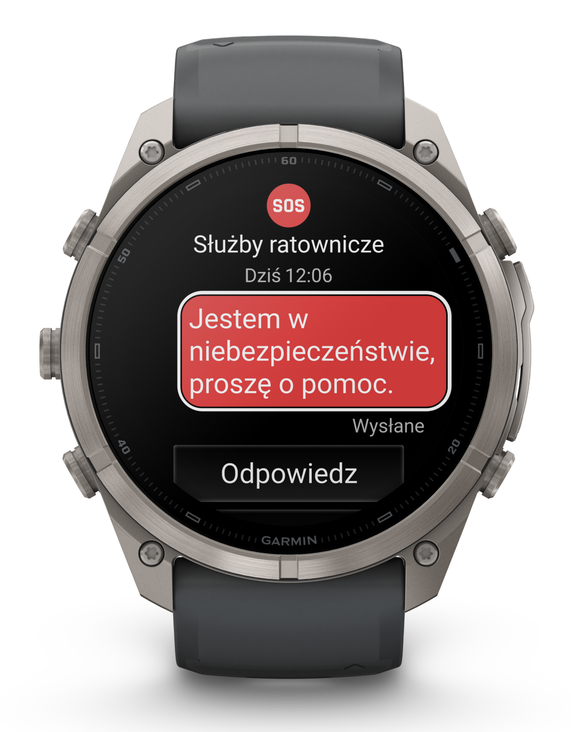 Smartwatch wyświetlający czerwoną wiadomość SOS.