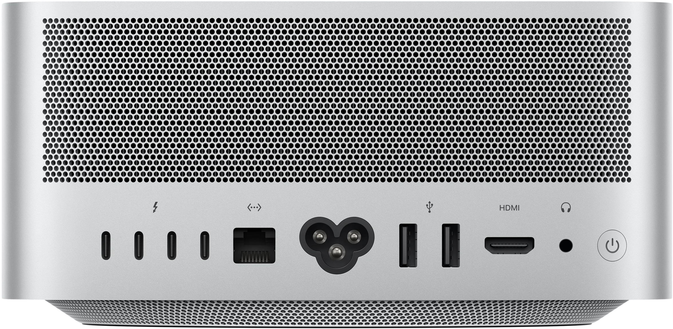 Egy ezüstszámítógép hátulja szellőzőráccsal, USB, Ethernet, HDMI portokkal és tápcsatlakozóval.