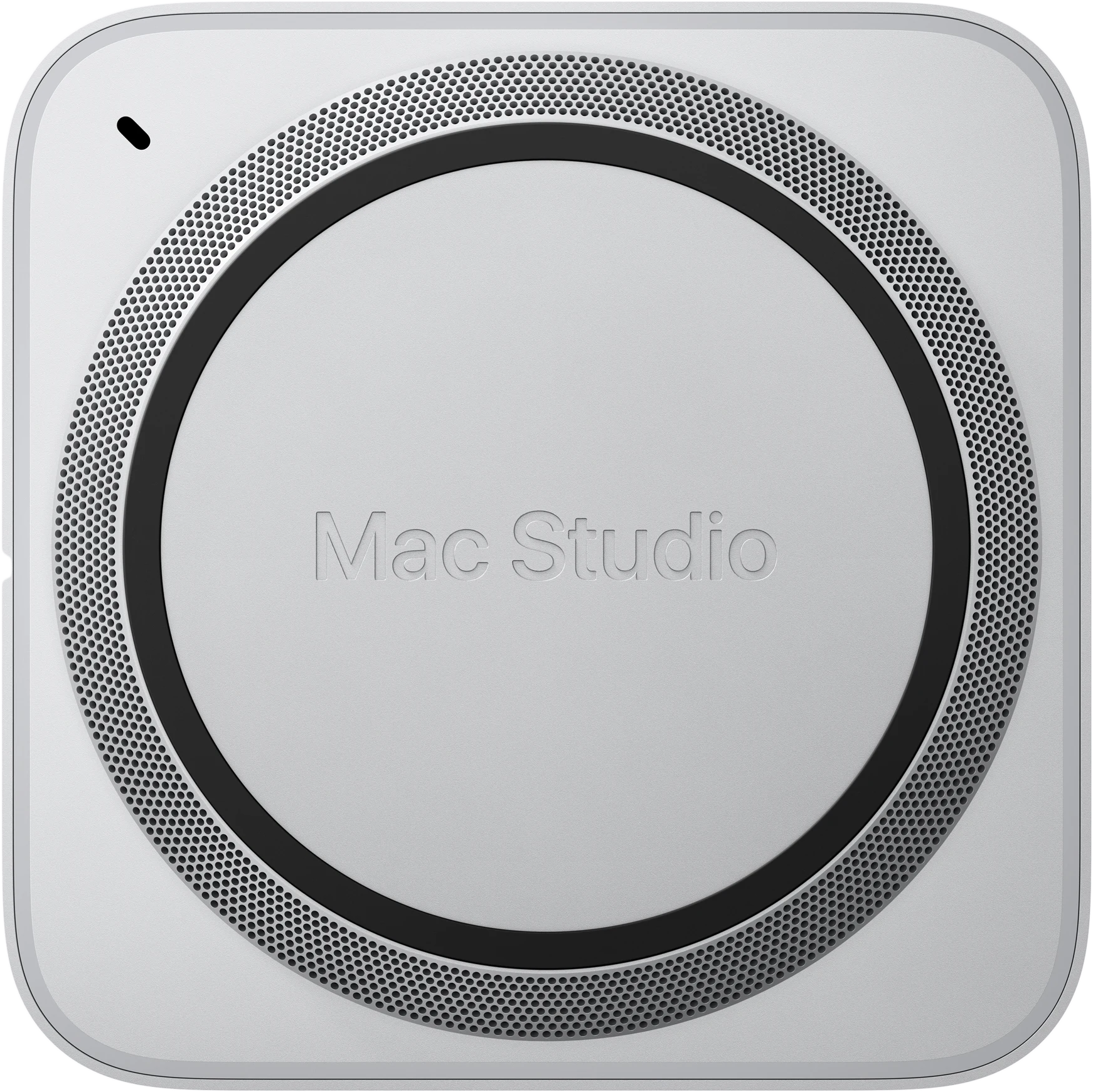 A Mac Studio alja kör alakú szellőzőnyílásokkal és dombornyomott felirattal.