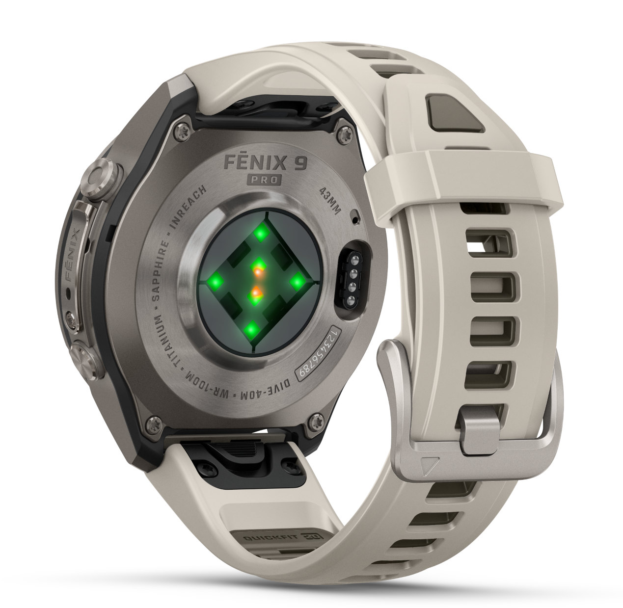Tył smartwatcha Fenix 9 Pro z tytanową kopertą, czujnikami z zielonym światłem i jasnym paskiem.
