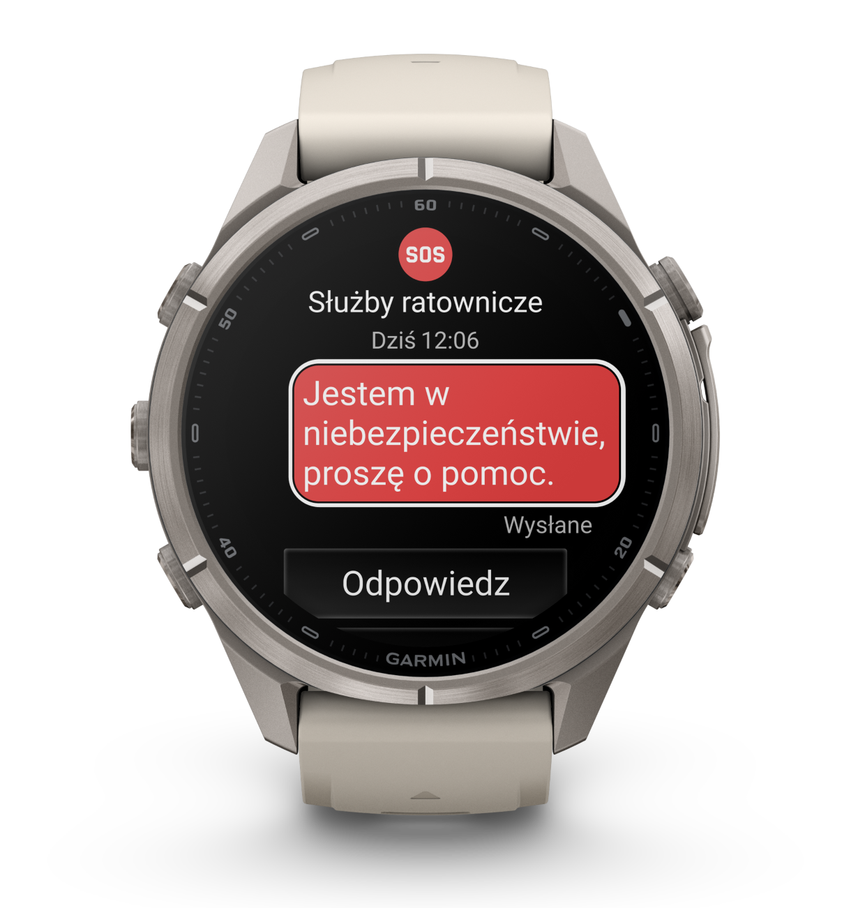 Srebrny smartwatch wyświetla ekran alertu SOS z wiadomością Jestem w niebezpieczeństwie, proszę o pomoc.