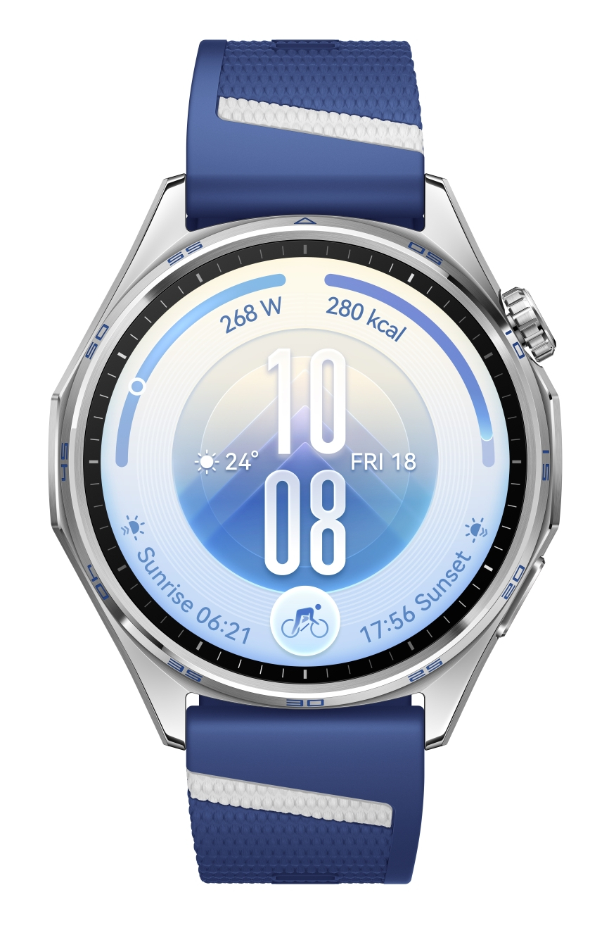 Srebrny smartwatch z niebieskim silikonowym paskiem i cyfrowym wyświetlaczem fitness.