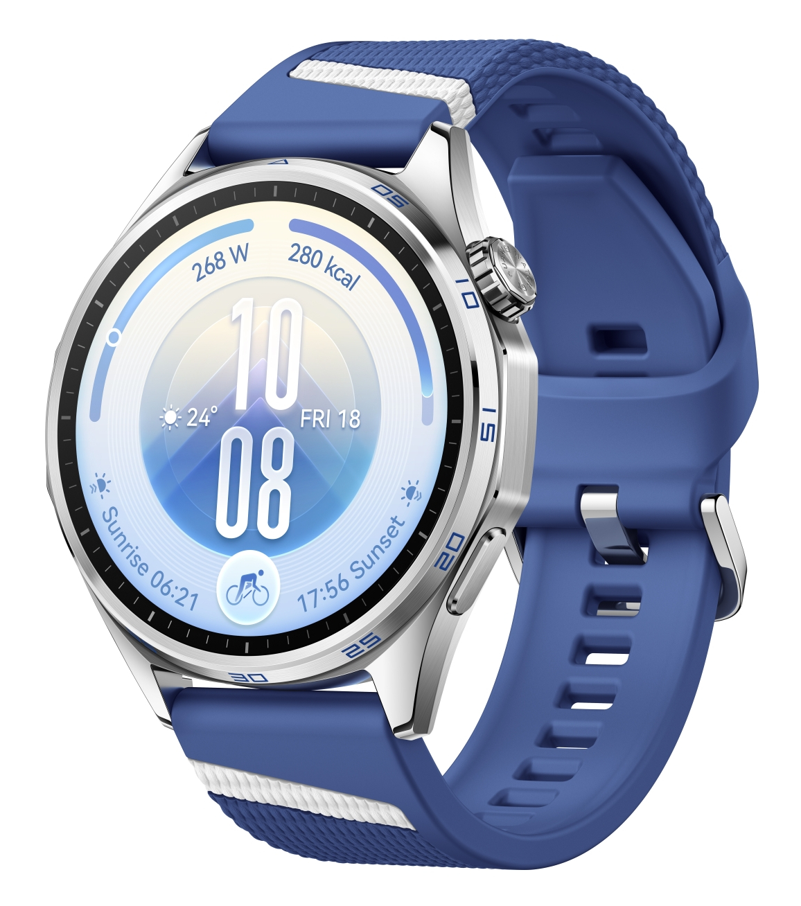 Srebrny smartwatch z niebieskim silikonowym paskiem wyświetla czas, pogodę i dane o zdrowiu.